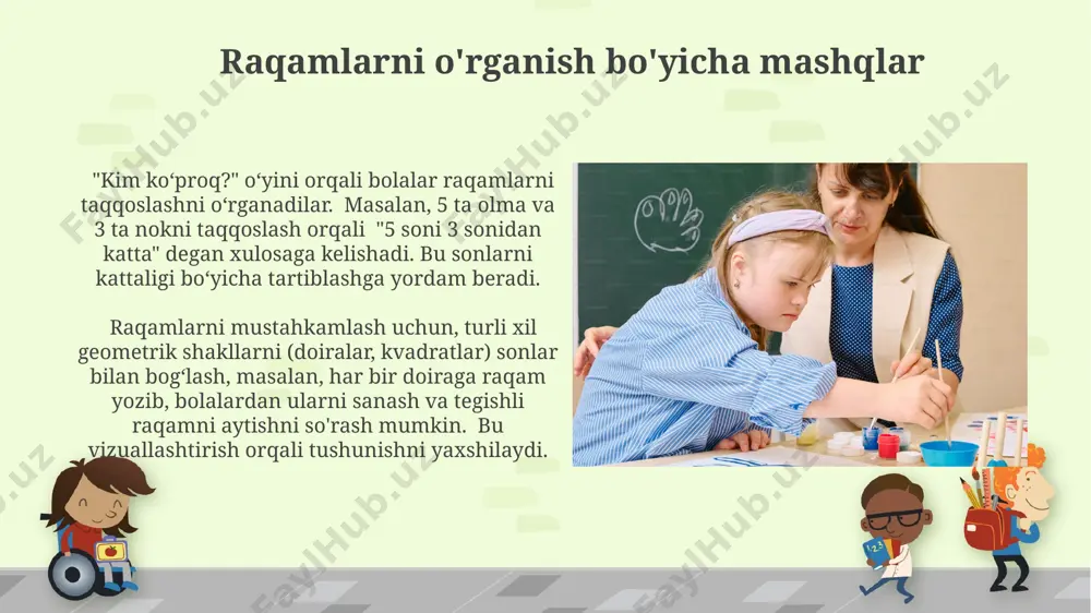 lan, 2 ta qizil doira va 3 ta ko'k doira birlashtirilganda 5 ta doira hosil bo'ladi. turli o'lchamdagi (kichik, o'rta, katta) 20 tagacha geometrik shakllarni guruhlash orqali bolalar miqdorlarni solishtirish va sonlar ketma-ketligini tushunishni o'rganadilar, bu esa qo'shish va ayirish amallariga tayyorgarlik bo'ladi. qo'shish va ayirishning sodda misollari qo'shish va ayirishning sodda misollarini o'rgatishda, 5 dan katta bo'lmagan sonlar bilan amallarni bajarishga, masalan, 2+3=5 yoki 4-1=3 kabi misollarni ko'rgazmali qurollar yordamida tushuntirish muhim. qo'shish va ayirishning sodda misollarini hayotdagi vaziyatlar bilan bog'lash, masalan, 3 ta olma va 2 ta olma qancha bo'ladi degan amaliy misollardan foydalanish bolalarning tushunishini yaxshilaydi. hisoblash qobiliyatini rivojlantirish usullari hisoblash qobiliyatini rivojlantirishda 1 dan 10 gacha boʻlgan sonlar ketma-ketligini oʻrgatish, shuningdek, sonlarning kattaligi va kichikligini taqqoslash boʻyicha amaliy mashqlarni muntazam bajarish muhim ahamiyatga ega. bolalarda miqdorni tushunishni rivojlantirish uchun turli xil manipulyativ materiallar, jumladan, rangli tayoqchalar, tugmalar, kubiklar va boshqalarni ishlatish, ularni guruhlash va hisoblash orqali …
