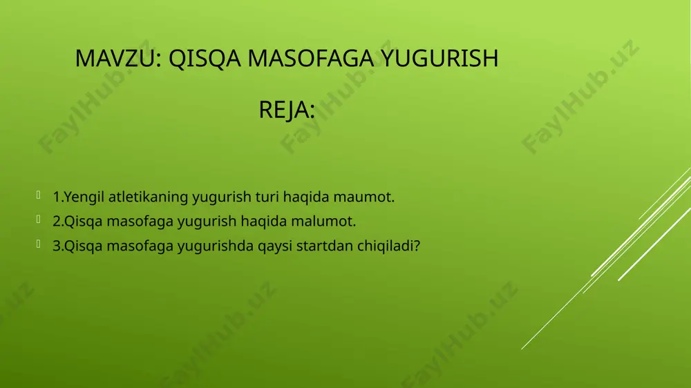 arining kiyalik burchagi ham o`zgaradi: tirgaklar start chiziga yakinlashgan sari bu burchak kichrayadi, tirgaklar start chizigidan o`zoklashgan sari bu burchak ham kattalasha boradi. tirgaklar urtasidagi masofa va ularning start chizigidan o`zokligi yuguruvchining tana to`zilishiga, uning tezligiga kuchiga va boshqa fazilatlarga bo`gliq. tayyor turgan xolatda oyoq tizzalarning buqilish burchagi katta ahamiyatga ega. bu burchakning kattarok bulishi (albatta, ma`lum miqdorda) oyoqlarni tezrok to`g`rilashga, ya`ni depsinishga yordam beradi. startda tayyor turgan paytda oldingi tirgakka tirilgan oyoqning soni bilan boldiri orasidagi optimal burchak 65-1000 ga, keyingi tirgakka taralgan oyoq burchagi esa 100-1200 ga tengdir. qisqa masofaga yugurish turlarini qisqacha tasniflab, xarakteristikalarini keltirsak, ma'lumotlar quyidagicha bo'ladi: 100 m - klassik, olimpiya standarti; 200 m - klassik, olimpiya standarti; 400 m - klassik, olimpiya standarti; 60 m - yopiq musobaqalar; 30 m - maktab standarti; 300 m - alohida musobaqalar. startdan keyingi yugurish. kiska masofalarga yugurishda yaxshi natija kursatish uchun, startdan keyin tezda maksimal tezlikka erishish …