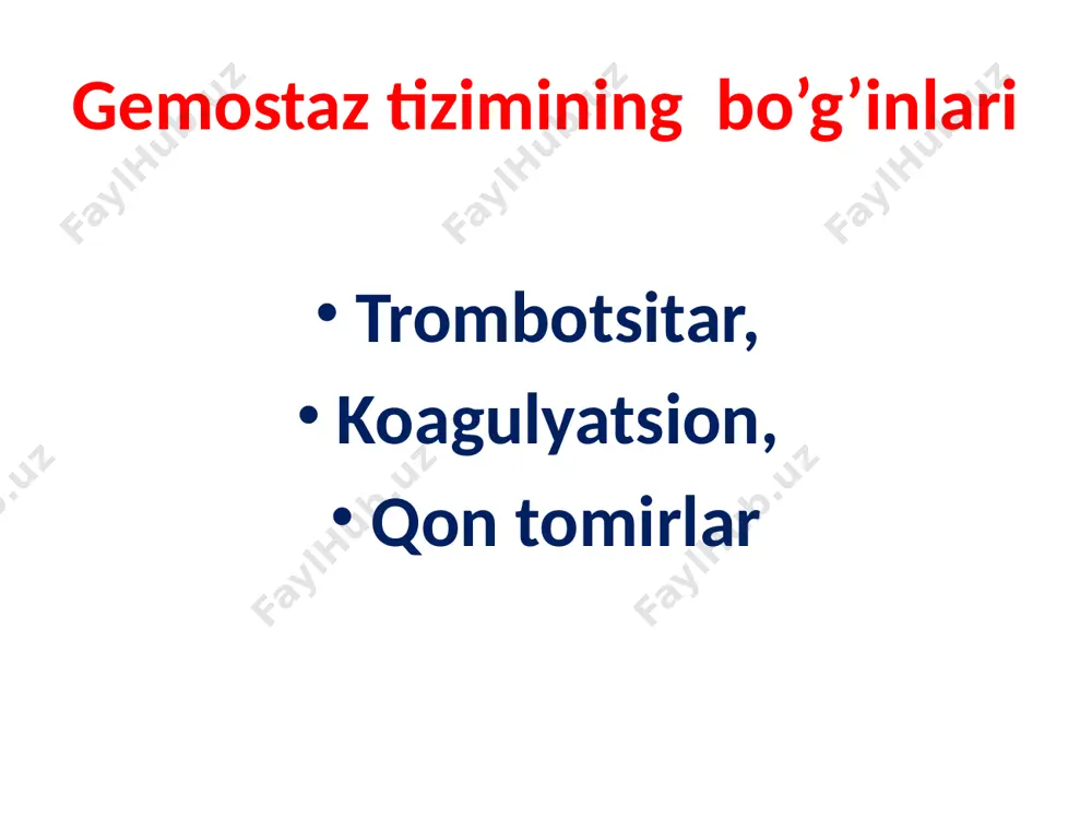 tomirlarning yaxlitligini va trombotsitlarning funktsional faolligini baholaydi. gemorragik diatezlarning asosiy shakllarining differentsial-diagnostik belgilari 1. qon ketish tipi. 2. irsiyat. 3. trombotsitlar soni. 4. trombotsitlar funktsiyasi 5. qon ketish davomiyligi 6. oon ivish vaqti. 7. titqis - sindrom gemofiliya 1.qon ketish tipi –gematomali. 2. irsiyat – mavjud. 3. trombotsitlar soni normada. 4. trombotsitlar funktsiyasi normada. 5. qon ketish vaqti normada. 6. qon ivish vaqti uzaygan. 7. titqis-sindrom-yo'q koagulopatiya gematoma, bo’gimga qon quyilish willebrand kasalligi 1. qon ketish tipi – aralash, 2. irsiyat mavjud. 3. trombotsitlar soni normada. 4. trombotsitlar funktsiyasi – yopishqoqligi buzilgan 5. qon ketish vaqti uzaygan. 6. qon ivish vaqti uzaygan. 7. titqis-sindrom-yo'q trombotsitopeniya 1. qon ketish tipi – petexial dog’simon 2. irsiyat -yo'q 3. trombotsitlar soni kamaygan. 4. trombotsitlar funktsiyasi normada yoki buzilgan. 5. qon ketish davomiyligi -uzaygan. 6. qon ivish vaqti-normada 7. titqis- sindrom -yo'q trombotsitopatiy • 1. qon ketish tipi- petexial dog’simon • 2. irsiyat – …