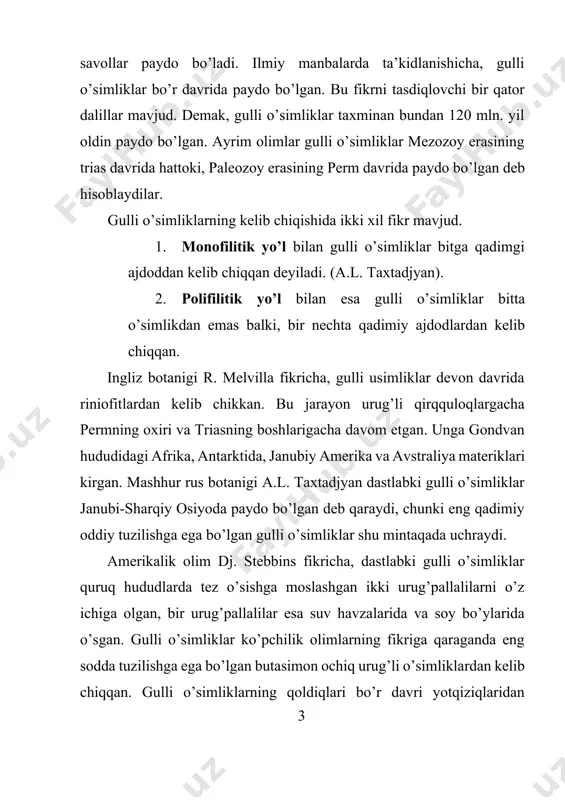 lma holda topilgan urug’li o’simliklar asos qilib olingan va ularning bir-biri bilan bog’liqligi o’rganila boshlangan. natijada ularning filogeniyasini yanada yaxshiroq o’rganish imkoni yaratildi. ta’kidlash joizki, ayniqsa qirqquloqlar, sagovniklar va qarag’aylarda gulli o’simliklarga xos ba’zi bir belgilarni ko’rish mumkin. gulli o’simliklarning filogeniyasini o’rganishda urug’li qirqquloqlar, bennettitlar va boshqa nina bargli o’simliklarning roli ham benihoya katta. sagovniklar bilan qarag’aylar ikkilamchi yo’g’onlashishga ega va urug’lari orqali ko’payadi. demak, yog’ochlik esa 350 mln. yil oldin vujudga kelgan. sagovniklar bilan qarag’aylarning qubbalari tashqi ko’rinishidan o’xshash bo’lsada, kelib chiqish jihatidan bir-biridan farq qiladi. masalan: sagovniklarning qubbasi shakli o’zgargan barg bo’lsa, qarag’aylarning qubbasi juda murakkab tuzilishga ega. shu sababdan bularni analogik organlar deb atash mumkin. 1859 yilda ch. darvinning «tabiiy tanlanish yo’li bilan turlarning paydo bo’lishi» nomli asari vujudga kelishi bilan, olimlar evolyutsion tizim (sistema) tuzishga bel bog’ladilar. bu borada yirik nemis botanigi a. engler katta ish qiladi. engler morfologik belgilar evolyusiyasiga alohida e’tibor beradi. uning fikricha, …