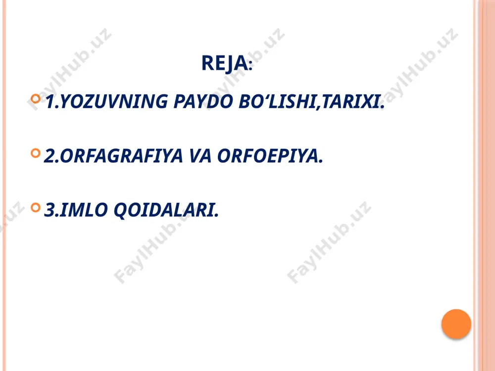 nlilar imlosi (1—7-bandlar); b) undoshlar imlosi (8—32-bandlar). 2. asos va qo‘shimchalar imlosi (33—37-bandlar). 3. qo‘shib yozish (38–50-bandlar). 4. chiziqcha bilan yozish (51—56-bandlar). 5. ajratib yozish (57—56-bandlar). 6. bosh harflar imlosi (66—74-bandlar). 7. ko‘chirish qoidalari (75—82-bandlar). a a harfi savol, zamon, bahor so‘zlarida «o» kabi aytilsa ham har vaqt «a» yoziladi. o o harfi boshqa tillardan kirgan quyidagi so‘zlarda «a» singari talaffuz etiladi, biroq hamisha «o» yoziladi: kollej, monitoring, dekoratsiya, omonim, okulist va h.k. shuningdek, o ba’zan o‘ kabi aytilishi ham mumkin, lekin baribir «o» yozilaveradi: tonna, noyabr, boks, tort va h.k. i i harfi bilan, bilim, til, tilak, har xil, qism kabi so‘zlarda qisqa aytiladi va «i» yoziladi, badiiy, ommaviy, lutfiy singari so‘zlarda «i» cho‘ziq aytiladi, lekin doimo «iy» yoziladi. u u harfi yutuq, butun, tovuq, sovuq, sovun kabi so‘zlarda «i»ga monand talaffuz etilsa-da, qoidaga binoan «u» yoziladi. o‘o‘ harfi o‘zbek, o ‘lka, o‘simlik kabi so‘zlarda old qator, o‘rta-keng, lablangan …
