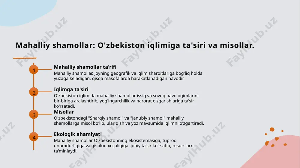 amiyati mahalliy shamollar o'zbekiston iqlimida muhim rol o'ynaydi. ular hududiy sharoitlarda iqlim o'zgarishlariga ta'sir qilib, qishloq xo'jaligini rivojlantiradi. 02 sayyoraviy shamollar dinamikasi sayyoraviy shamollar global iqlim tizimlarida muhim ahamiyatga ega. ular atmosfera harakatlarini belgilab, iqlim o'zgarishlariga sabab bo'ladi va o'zgaruvchan sharoitlar yaratadi. 03 ekologik muammolar va yechimlar mahalliy va sayyoraviy shamollar ekologik muammolarni keltirib chiqarishi mumkin. bularni hal qilish uchun iqlimni o'rganish va muvozanatni saqlash zarur, bu ahamiyatlidir. foydalanilgan adabiyotlar 1. akramov, a. m. shamollar va ularning turlari. fan, 2020 2. saidov, n. mahalliy shamollar tahlili. o'zbekiston geografiya jurnali, 2021 3. xodjayev, b. sayyoraviy shamollar va ta'siri. o'zbekiston ilmiy tadqiqotlar jurnali, 2022 4. juraev, m. shamollar va iqlim o'zgarishlari. o'zbekiston iqlimshunoslik va meteorologiya jurnali, 2019 5. tursunov, sh. shamollar va ularning ijtimoiy-iqtisodiy ta'siri. o'zbekiston fanlar akademiyasi, 2023 e'tiboringiz uchun rahmat! /docprops/thumbnail.jpeg