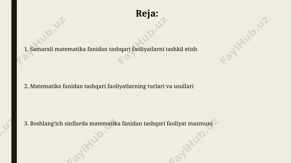 5-10 ta turli usul yordamida masalalarni yechishni oʻrgatish va ularning matematikaga boʻlgan qiziqishini orttirish hisoblanadi. matematikadan qoʻshimcha mashgʻulotlarning asosiy maqsadi – 1-4 sinf oʻquvchilarining matematik qobiliyatlarini rivojlantirish, mantiqiy fikrlashini 20-25% ga oshirish va muammolarni mustaqil hal qilish koʻnikmalarini shakllantirishdan iborat. oʻquv materiallari va vositalari interfaol oʻyinlar va onlayn platformalardan foydalanish, masalan, 20 ta turli xil matematik masalalarni oʻz ichiga olgan onlayn testlar, oʻquvchilarning mustaqil ishlashini kuchaytirish va ularning motivatsiyasini oshirishga yordam beradi. rangli kartalar, tangalar, kubiklar va hisoblash tayoqchalari kabi manipulyativ materiallardan foydalanish, 5-7 yoshli bolalar uchun matematik tushunchalarni, ayniqsa, qoʻshish va ayirishni oʻrgatishda sezilarli darajada yordam beradi. oʻquvchilarning matematik qobiliyatlarini rivojlantirish geometrik shakllarni o'rganishda 8-10 yoshli bolalarga 2d va 3d modellardan foydalanib, hajmlarni, yuzalarni taqqoslash va hisoblash bo'yicha 20 ta mashq berish samarali natijalar beradi. matematikada muammo yechish ko'nikmalarini rivojlantirish uchun 5-7 yoshli o'quvchilarga kundalik hayotdagi vaziyatlarga asoslangan 10-15 ta amaliy topshiriqlarni muntazam bajarish tavsiya etiladi. baholash va natijalarni …