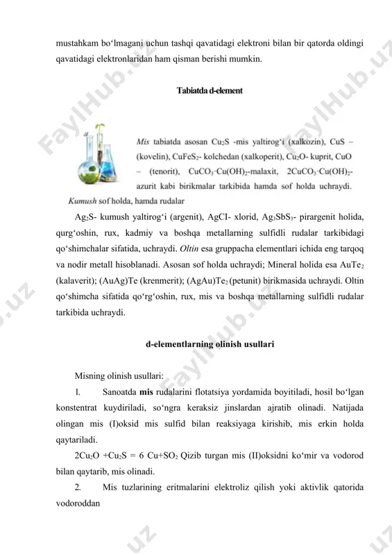→ cu(no3)2 + ag 4. kumushning deyarli hamma birikmalarida sof metallgacha oson qaytariladi. oltinning olinish usullari: aralashmalar tarkibidan oltin quyidagicha ajratib olinadi: 4au + 8nacn + o2 + 2h2o = 4na[au(cn)2] +4naoh 2na[au(cn)2] + zn → na2[zn(cn)4] + 2au elementlar va ularning birikmalarini fizik xossalari toza mis qizgʻish-pushti rangli yumshoq metalldir. issiqlikni va elektrni yaxshi oʻtkazadi. korroziyaga mustahkam va yaxshi bolgʻalanadi. bu xususiyati uning texnikada keng qoʻllanishiga sabab boʻladi. kumush-oq rangli ogʻir metall, elastik, oʻziga xos yaltiroqlikka ega. yumshoqligi sabab toza holda qoʻllanilmaydi. oltin - yumshoq, sargʻish, yaltiroq, bolgʻalanuvchan ogʻir metall. u guruh metallari ichida eng tarqoq va nodir metall. mis va kumushdan yumshoqroq, qiyin suyuqlanuvchan. issiqlikni va elektrni yaxshi oʻtkazadi. plastik, choʻzilib, ingichka tola hosil qiladi. mis guruppachasining kimyoviy xossalari qatorda kimyoviy faollik kamayib boradi. ular metallarning aktivlik qatorida vodoroddan keyin turganligi sababli, birikmalaridan vodorodni siqib chiqara olmaydi. nam va co2 boʻlmagan havoda oʻzgarmaydi, qizdirilganda xiralashadi (oksid parda bilan …