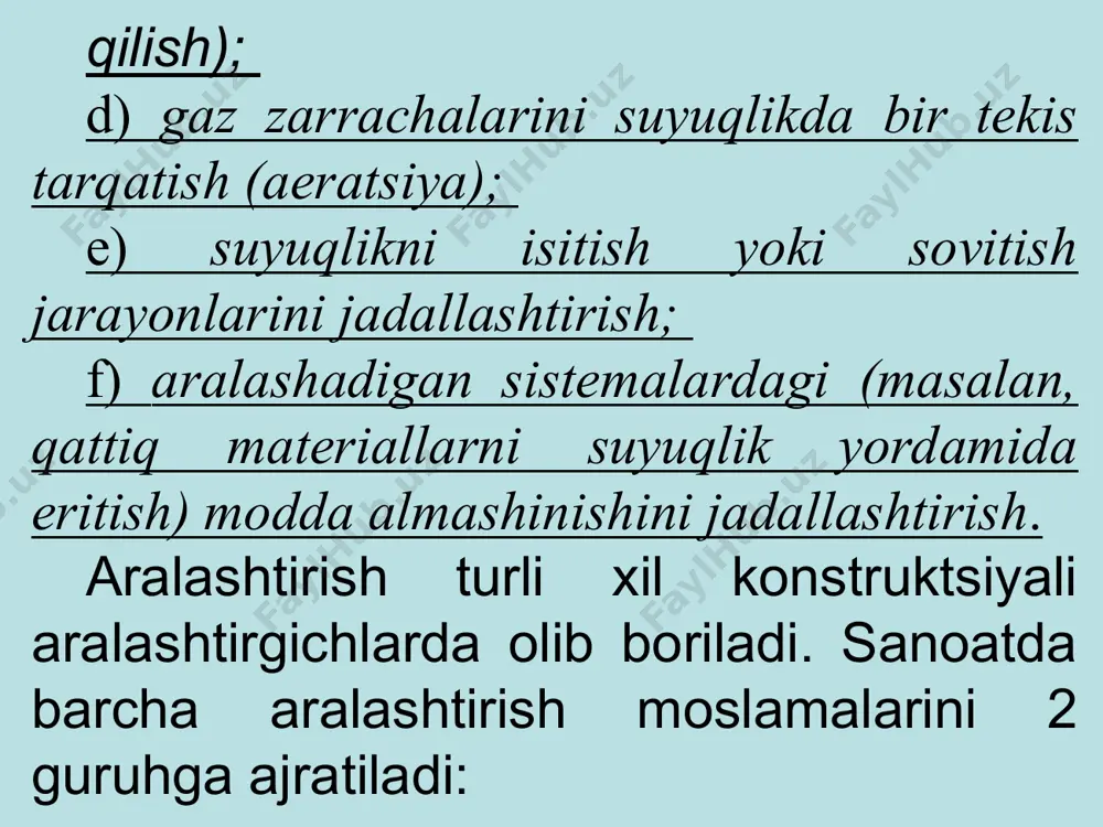 i aralashtirish nasos yordamida amalga oshiriladi, ya’ni, suyuqlik “aralashtirgich-nasos-aralashtirgich” yopiq sistemasida uzluksiz aylanib turadi. nasos vazifasini uch parrakli vintsimon aralashtirgich bajaradi. 2-rasm. vintsimon aralashtirgichli qurilma. 1-vintsimon aralashtirgich; 2-issiqlik almashinish kamerali diffuzor; 3-g’ilof. иэ -issiqlik eltkich; c-aralashtirilayotgan suyuqlik. statik aralashtirish (turbulizator yordamida) biror fazaning kinetik energiyasidan foydalanib amalga oshiriladi. statik aralashtirgichlar reaktorgacha bo’lgan truba quvuriga yoki reaktorning o’zida o’rnatiladi. mexanik aralashtirish “suyuqlik-suyuqlik”, “gaz-suyuqlik”, “gaz-suyuqlik-qattiq jism” sistemali jarayonlarni intensivlash uchun parrakli, propellerli, turbinali aralashtirgichlar (d=(0,15÷0,6); n=200÷2000 айл/мин.) yordamida amalga oshiriladi. aralashayotgan suyuqliklarning gidrodinamik rejimi modifikatsiya qilingan reynolds mezonining qiymati bilan aniqlanadi: bu yerda n– aralashtirgichning aylanish chastotasi, аyl/s; – аralashayotgan suyuqlik zichligi, kg/m3; µ - аralashayotgan suyuqlikning qovushoqligi, pa·s; d– aralashtirgich diametri, m. barcha aralashtirgichlar aylanma harakat tezligining qiymatiga ko’ra ikki turga bo’linadi: 1) sekin harakat qiluvchi; 2) tez harakat qiluvchi. agar parrak chekkasining aylanma harakat tezligi 1m/s atrofida bo’lsa, bunday aralashtirgichlar sekin harakat qiluvchi aralashtirgichlar deyiladi. agar parrak chekkasining aylanma harakat …
