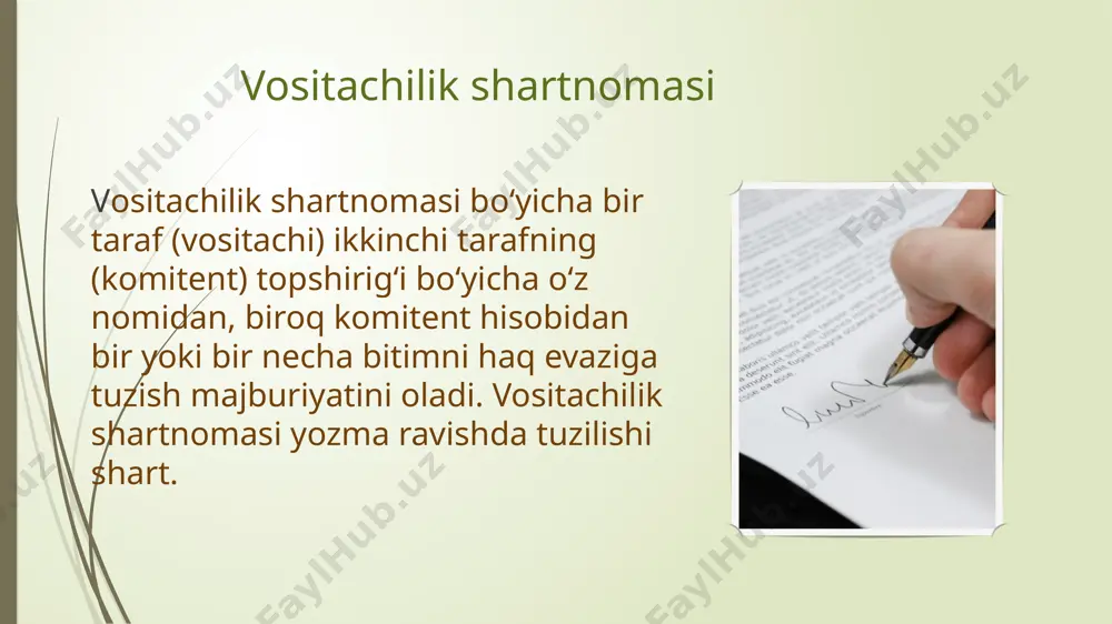 mitent uchun eng foydali shartlar asosida bajarishi lozim. agar vositachi bitimni komitent ko‘rsatganidan ham foydaliroq shartlar asosida tuzgan bo‘lsa, qo‘shimcha foyda, basharti shartnomada boshqacha tartib nazarda tutilgan bo‘lmasa, taraflar o‘rtasida baravar taqsimlanadi. vositachi bitimning ijrosi uchun komitentga kafolat bergan (delkredere) hollarda u vositachilik shartnomasida kelishilgan miqdorda qo‘shimcha haq olish huquqiga ega bo’ladi. komitent hisobidan uchinchi shaxs bilan tuzilgan bitim uchinchi shaxs tomonidan bajarilmaganligi uchun vositachi komitent oldida javobgar bo‘lmaydi, vositachi ushbu shaxsni tanlashda zarur ehtiyotkorlik qilmagan yoki bitimning bajarilishiga kafolat bergan (delkredere) hollar bundan mustasno. qo’shimcha vositachilik agar shartnomada boshqacha tartib nazarda tutilgan bo‘lmasa, vositachi vositachilik shartnomasini bajarish maqsadida boshqa shaxs bilan qo‘shimcha vositachilik shartnomasi tuzishga haqli bo‘lib, qo‘shimcha vositachining harakatlari uchun komitent oldida javobgar bo‘lib qolaveradi. qo‘shimcha vositachilik shartnomasi bo‘yicha vositachi qo‘shimcha vositachiga nisbatan komitent huquqlari va majburiyatlariga ega bo’ladi. qonun biron-bir bitimni faqat maxsus vakil qilingan shaxslar bilan tuzishga yo‘l qo‘yadigan hollarda qo‘shimcha vositachilik shartnomasi faqat ana shunday …