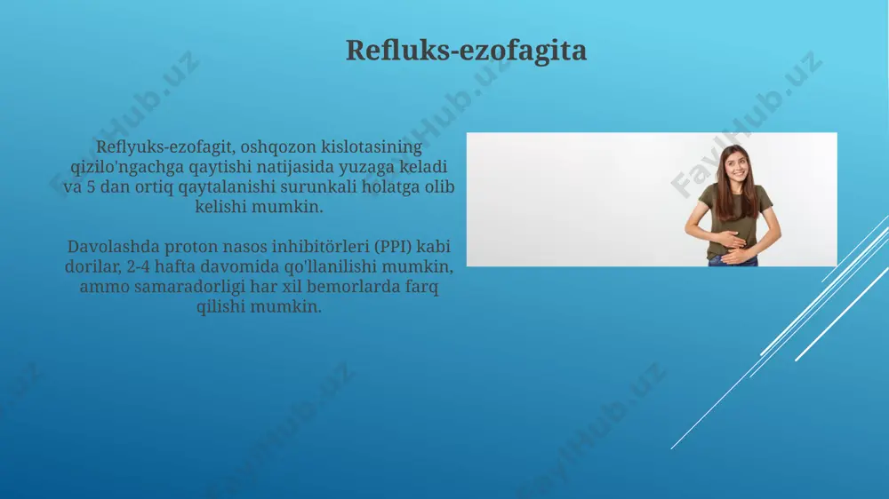 qilish buzilishiga chalinganlarning 70% dan ortig'i stress va noto'g'ri ovqatlanish tufayli gastrit yoki oshqozon yarasi kabi muammolarga duch keladi. ovqat hazm qilish buzilishini davolashda, probiyotiklarni qo'llash ichak mikroflorasini yaxshilashga yordam beradi va shuningdek, taxminan 30% hollarda diareyani kamaytiradi. oldini olish choralari helicobacter pylori infektsiyasi aniqlanganda, davolash rejimi odatda 3-7 kun ichida 2-3 turdagi antibiotiklar va proton pompa inhibitörlarini o'z ichiga oladi, muvaffaqiyat darajasi 90% dan yuqori. oshqozon kislotasini kamaytiruvchi dorilar (masalan, proton pompa inhibitörlari) kuniga 2 marta, 20 mg dozada buyurilishi mumkin, ammo dozani shifokor belgilashi zarur. oshqozon muammolari turlari oshqozon yarasi, gastrit va reflyuks kabi 3 ta asosiy oshqozon muammosi helicobacter pylori bakteriyalari, noto'g'ri ovqatlanish yoki stress tufayli kelib chiqishi mumkin. oshqozon saratoni kabi jiddiy holatlar, yillik 1 millionlab odamlarni qamrab oladi va erta aniqlash uchun endoskopik tekshiruv va biopsiya kabi usullar muhimdir. e'tiboringiz uchun rahmat @taqdimot_robot image1.jpg image2.jpg image3.jpg image4.jpg image5.jpg image6.jpg image7.jpg image8.jpg image9.jpg image10.jpg image11.jpg image12.jpg …