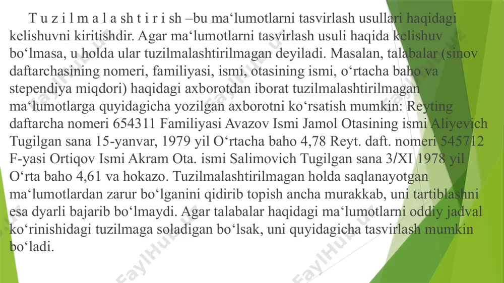 kiritiladigan ma‘lumotlar turlarini bildiradi. masalan, raqam ―n‖ (chislovoy), simvol (simvolnыy), sana/vaqt (data/vremya), mantiqiy (logicheskiy). maydon o‟lchami (uzunligi). mb jadvali ustunlariga kiritiladigan ma‘lumotlarning maksimal uzunligi. masalan, eng ko‘p belgilar sig‘imi. aniqlik, (son turidagi ma‘lumotlar uchun) haqiqiy son o‘nlik kasr qismining maksimal uzunligi. yozuv –bu mantiqiy bog‘langan maydonlar to‘plami bo‘lib, mb jadvali qatoridir. fayl (jadval) - bu bir xil tuzilmaga ega yozuv nusxalari to‘plami. kalit. kalit yozuv nusxasini bir qiymatli aniqlash uchun xizmat qiladi. kalit bir yoki bir necha maydonni o‘z tarkibiga olishi mumkin. agar kalit faqat bir maydondan iborat bo‘lsa, oddiy deb, aks holda, u tarkibiy kalit deb ataladi. jadvalda student faylining mantiqiy strukturasi keltirilgan. ma’lumotlar bazasi turlari ierarxik mb – daraxtsimon shaklda tashkil etiladi. tarmoqli mb – bir nechta ota-ona va farzand aloqalari mavjud. relatsion mb – eng keng tarqalgan; jadvallar asosida tuziladi. obyektga yo‘naltirilgan mb – ob’yektlar asosida tashkil etilgan. nosql mb – katta hajmdagi va yarim tuzilgan ma’lumotlar …