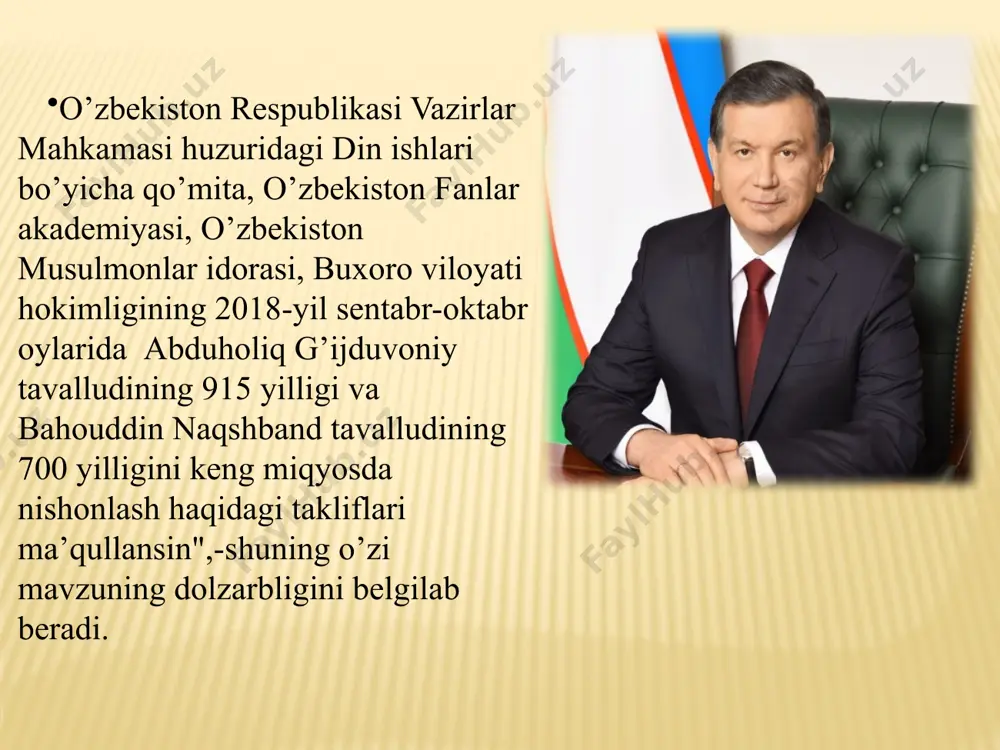 dlarning mo’tabar xoklari makon topgan zamingina muqaddasdir.agar shunday insonlar bo’lmasa, ular dahosining nafasi sezilib turmasa, har qanday zamin oddiy tuproq bo’lib qolaveradi” islom karimov ,,biz kelajagimizni o’z qo’limiz bilan quramiz” asaridan islomdagi sunniylik-,,ahli sunna val-jamoa” yo’nalishida viii asrlarda ,,so’fiylik “ diniy-falsafiy oqimi vujudka keldi. tasavvuf (so’fiylik)-islomda insonning ruhiy dunyosi to’g’risidagi qarash . ,,so’fiy” atamasi arabcha so’z bo’lib ,,suf” (jun)so’zidan kelib chiqqan, ,,jun kiyimlar “ ,tariqat, suluk esa ,,uyushma” , ,, jamoa” degan manolarni beradi. ilgari zamonda tarki dunyo qilgan zohid, ,,o’zini allohga bag’ishlagan odam” odatda dag’al jundan to’qilgan kiyim yoki po’stin kiyib yuran. tasavvuf ahli mutasavvuflar deb ataladi. ,,tariqat” ham arabcha so’z bo’lib, ma’nosi ,,yo’l” , ,,usul” demaktir.bu atama 3 hil : 1. so’fiylik yo’li 2. so’fiylikning malum bir tarmog’i, yo’nalishi 3. so’fiylikning 2-bosqichi bo’lmish tariqat ma’nolarida ishlatiladi tariqatni suluk deb atash keng tarqalgan tariqat uch asosiy tarkibga ajratilgan : tariqi ahyor-hayrli insolar yo’li. bu yo’lning asosini zuhd,taqvo va ibodat …