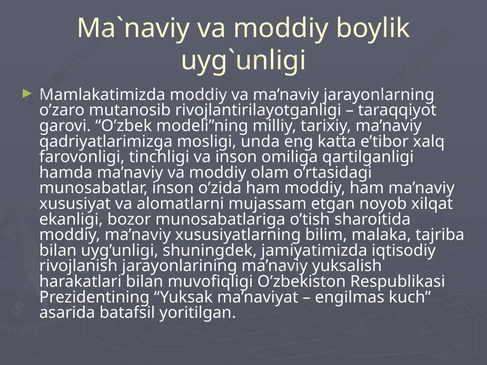 amlakatda tinchlik va barqarorlik kabi demokratik hamda siyosiy qadriyatlarni umuminsoniy tushunchalar bilan uyg‘un holda ko‘radi. bundan tashqari, so‘ralganlar shaxs kamolotida madaniyat, san’at va diniy qadriyatlar, shuningdek, salomatlik, muhabbat kabi hayotiy qadriyatlar katta ahamiyatga ega deb hisoblaydi. so‘rovda ishtirok etganlarning aksariyatining fikricha (86,7 foiz), qadriyatlar tizimi asosini avloddan avlodga o‘tib kelayotgan milliy an’ana va urf-odatlar tashkil qiladi. jamoatchilik fikrini o‘rganish maqsadida o‘tkazilgan so‘rov natijasida o‘zbekiston aholisi umuminsoniy va milliy qadriyatlar shaxsning ma’naviy fazilatlari bilan chambarchas bog‘liqdir, degan fikrda ekani aniqlandi. tadqiqot natijalari mehmondo‘stlik va do‘stona munosabat, mehr-muruvvat va insonparvarlik, mehnatsevarlik, halollik va kamtarlik, kattalarni hurmat qilish kabi yurtdoshlarimizga xos beshta ustuvor ma’naviy xislatni aniqlash imkonini berdi. hozirgi yangi demokratik jamiyat va bozor iqtisodiyotini barpo etish sharoitida odamlar, ayniqsa aholining faol qismini tashkil etadigan yoshlarning ma’naviy dunyoqarashida ham o‘zgarishlar ro‘y bermoqda. masalan, yoshlar bilim olishga intilish, mehnat qilish istagi, tadbirkorlik kabi shaxsiy xislatlarga katta e’tibor bermoqda. ularning bunday ezgu maqsadlari jamiyatda munosib …