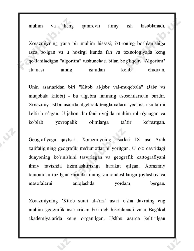 i bilgan va foydalanishgan. al-farg‘oniyning asarlari bag‘doddagi astronomik kuzatishlar asosida yozilgan bo‘lib, u yerda uzunliklar va kengliklar bilan bog‘liq ko‘plab ma’lumotlar ochib berilgan. masalan, al-farg‘oniy yerning uzunligida geografik kengliklarga asoslangan farqlarni ta’kidlab o‘tgan. bundan tashqari, al-farg‘oniy o‘zi yaratgan usullardan foydalanib, sayyoralarning o‘zaro masofalarini va ularning orbitadagi harakat tezliklarini hisoblab chiqishda katta yutuqlarga erishdi. uning hisob-kitoblarida uran, neptun va pluton kabi qo‘shimcha sayyoralar kiritilmagan bo‘lsa-da, qolgan besh sayyora va quyosh va oyning pozitsiyalari aniq va to‘g‘ri keltirilgan. bu keltirilgan ma'lumotlar al-farg‘oniyning astronomiya ilmida qilgan kashfiyotlari va hisob-kitoblarining bir qismini tashkil etadi. u keragicha aniq va matematik hisob-kitoblarga asoslangan o‘z asarlari orqali o‘zidan keyingi davrlardagi astronomlarning tadqiqotlariga asos solgan va ularga ilhom manbai bo‘lgan. 3. al-beruniy va qiyosiy geografiya al-beruniy (973–1048) o‘rta asrlarda yashagan musulmon olimi bo‘lib, u qator fanlarda, jumladan, geografiya, astronomiya, matematika va tabiiy fanlarda katta hissa qo‘shgan. uning geografiya sohasidagi eng mashhur asarlaridan biri "hindiston" kitobi bo‘lib, unda u …