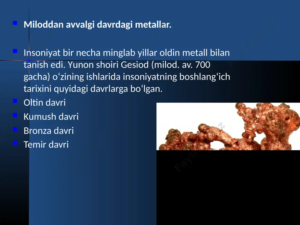 umda kuydirish. kuydirilgan rudani yeritish pechida yeritib, shlak va shteyn olish. birlamchi shteynni uyimda kuydirish. sinflangan shteynni domna pechida yeritish. shteyn tarkibidagi barcha oltingugurtni tozalash. “xomaki mis” olgunga qadar shteynni yeritish. olovli tozalash pechida xomaki misni tozalash. etiboringiz uchun rahmat image1.png image2.png image3.jpeg image4.jpeg image5.jpeg image6.png image7.png /docprops/thumbnail.jpeg