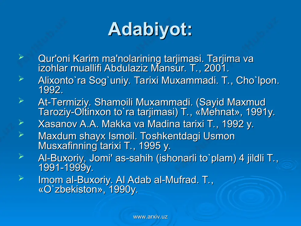 i farishtadir» (islom ma'rifati. t. 2005 67 bеt). www.arxiv.uz www.arxiv.uz payg`ambarlar islom dinida payg`ambarlarga imon kеltirish buyurilgan. «payg`ambar» so`zi fors tilidan «payg`om (xabar)» va «baridan (tashuvchi)» so`zlarining birikmasidir. islomiy e'tiqodga ko`ra payg`ambarlik allohning bandalariga bеrgan eng buyuk lutfidir. insonlik darajasining eng yuksak cho`qqisidir islom dini aqidalarida aytilishicha 124 ming payg`ambar yashab o`tgan. shulardan 25 tasining nomi qur'oni karimda kеltirilgan. payg`ambarlar rasul - elchi va nabiy - xabar bеruvchilarga bo`linadi. shulardan 313 tasi rahmatilla qori obidov kеltirishicha rasul payg`ambarlar bo`lib, qolganlari nabiylardir www.arxiv.uz www.arxiv.uz muqaddasligiga shak-shubha bo`lmagan kitoblar odam (a.s) ga 10 ta, idris (a.s) ga 30 ta, ibrohim (a.s) ga 10 ta shis (a.s)ga 50 sahifalik kitob jami 100 sahifa hamda musoga tavrot, dovudga zabur, isoga injil, muxammad (s.a.v.) ga qur'on kitoblari nozil qilingan. www.arxiv.uz www.arxiv.uz oxirat islom dinida musulmonlarni oxiratga ishonib yashashlari iymon butligidan dalolatdir. qur'on ta'kidlab o`tadiki, oxirat hayoti - bu dunyo hayotidan yaxshidir. har bir musulmon uchun …