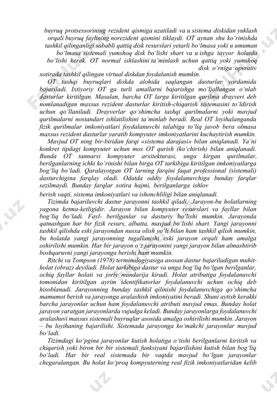 aqtni taqsimlash sistemasi; · real vaqt sistemasi; · dialog sistemasi. paket rejimi – bu masalalar majmuasiga ishlov beruvchi sistema, ya’ni bir yoki bir necha foydalanuvchi tomonidan tayyorlangan topshiriqlarni bajaruvchi sistema. masalalar majmuasi kompyuterga kiritilgandan so‘ng foydalanuvchi bilan uning masalasi o‘rtasida muloqat qilish taqiqlangan. bunday ot bir dasturli yoki ko‘p dasturli rejimlarda ishlashi mumkin. vaqtni taqsimlash – bir vaqtning o‘zida bir necha foydalanuvchiga xizmat qilish va foydalanuvchiga o‘z masalasi bilan muloqat qilish imkonini beradi. bir vaqtda ishlash effektiga protsessor vaqti va boshqa resurslarni turli foydalanuvchilar tomonidan berilgan hisoblash jarayonlariga taqsimlash bilan erishiladi. ot kompyuterga kiritilayotgan topshiriqlar uchun navbat tashkil qiladi va har biriga navbat asosida protsessordan foydalanish vaqtini aniqlaydi. birinchi topshiriqni bajargandan so‘ng ot uni navbatning oxiriga olib borib qo‘yadi va ikkinchi masalaga xizmat qiladi va h.z. har bir masalaga xizmat qilish vaqti ot parametrlarida aniqlanadi. professional dasturchi ot ni tashkil qilish jarayonida bu vaqt birligini o‘zgartirishi mumkin. real vaqt – …
