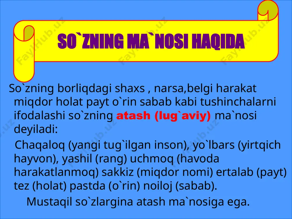 o ko`chishidir: o`q-yoy o`qi, o`q-miltiq o`qi, tomir-daraxt ildizi, tomir-qo`l tomiri, siyoh-yozuvda qo`llanadigan qora rangdagi suyuqlik (siyoh-fors-tojikcha qora deganidir), siyoh- yozuvda shu vazifani bajaradigan har qanday rangdagi suyuqlik, chiroq-kerosin bilan yonadigan yorug`lik taratuvchi asbob, chiroq-elektr toki yordamida yorug`lik taratuvchi xuddi shu vazifani bajaradigan asbob, ko`mir -ilgari o`tinni ko`mib kuydirish orqali olinadigan yoqilg`i turi, ko`mir-yer ostidan qazib olinadigan va xuddi shu vazifani bajaradigan yoqilg`i turi. vazifadoshlik tag ma`no-butun boshli gapning, hatto kichik hajmdagi matnning ko`chma ma`noda qo`llanilishidir. misol: xotin:-sizga tekkuncha alvastiga teksam bo`lmasmidi?! er:-afsuski, yaqin qarindishlar orasida nikoh man qilingan. tag mano sinonim antonim paronim omonim uyadosh so`zlar so`larning shakl va ma`no munosabatiga ko`ra turlari. omonimlar (shakldosh so`zlar)-grekcha homos-”bir xil”, onoma yoki onyma-”nom” degan ma`nolarni ifodalab,talaffuzi va yozilishi bir xil, ammo atash ma`nosi har xil bo`lgan so`zlardir: yuz(ot)-yuz (son), tut(daraxt)-tut (harakat). omonimlar omonimlar bir so`z turkumiga (yosh-ko`z yoshi,yosh umr o`lchovi), ikki xil so`z turkumiga (och-sifat,och-fe`l), uch xil so`z turkumiga(oshiq-ot, oshiq-fe`l,oshiq-sifat; hur-ot, hur-sifat, …