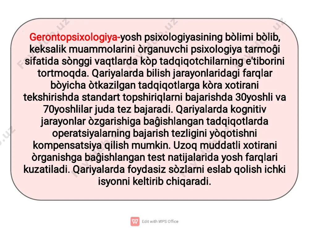 aqadan oldingi keksalik 1. rivojlanishning ijtimoiy vaziyati: � — nafaqani kutish: kim uchundir nafaqaga chiqish bu «tezroq dam olishni boshlash», kim uchundir � faol mehnat faoliyatining to‘xtatilishi hamda qolgan energiyasini va tajribasini nima qilishni � bilmaslik, noaniqlik; � — asosiy aloqalar ish joyidagilar bilan bo‘lib, hamkasblari uning tezroq nafaqaga ketishini � xohlashadi, inson esa buni sezadi, boshqa tomondan inson uni nafaqaga boshqalarga nisbatan � kechroq chiqazishlariga umid qiladi; � nafaqaga chiqqan davr 1. rivojlanishning ijtimoiy vaziyati: � — eski aloqalar birinchi davrda saqlanib qoladi, ular sekin -asta kamayib boradi; � — asosan aloqalar qarindoshlar va yaqinlari bilan bo‘ladi («tajribasiz nafaqaxo‘rlar bilan juda � ehtiyot bo‘lib muloqotda bo‘lish lozim); � — sekin-asta nafaqaxo‘r do‘stlari paydo boladi; � — yaqinlari va do‘stlari bo‘sh vaqti ko‘p nafaqaxo‘rning nabiralar tarbiyasi bilan shug‘ullanishini � istashadi, shuning uchun bolalar va nabiralar bilan muloqot ham nafaqaxo'r ijtimoiy vaziyatining bir � qismi hisoblanadi keksalik davri (nafaqaga chiqqandan so‘ng …