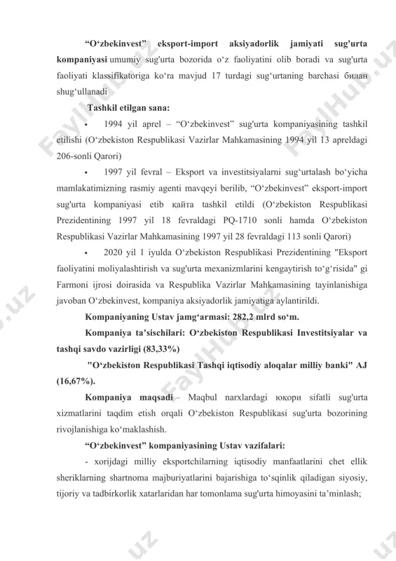 adigan siyosiy, tijoriy va tadbirkorlik xatarlaridan har tomonlama sug'urta himoyasini taʼminlash; - eksport kreditlarini sug‘urtalashning xalqaro tamoyillariga muvofiq texnologiyalar, tovarlar va xizmatlar eksportini moliyalashtirish uchun kreditlar beradigan o‘zbekiston respublikasi rezidentlari - tijorat banklariga sug'urta kafolatlarini taqdim etish; - o‘zbekiston respublikasi iqtisodiyotiga sarmoya kiritayotgan xorijiy investorlarning mulkiy va shaxsiy manfaatlarini har tomonlama sug'urta himoyasini taʼminlash; - xalqaro, xorijiy, mahalliy davlat va xususiy sug'urta tashkilotlari, qo‘shma sug'urta faoliyati va qayta sug'urta operatsiyalari bilan bevosita hamkorlikni rivojlantirish. kompaniyaning ish tartibi: dushanbadan jumagacha, soat 9:00 dan 18:00 gacha. shanba, yakshanba - dam olish kunlari. kompaniya infratuzilmasi: markaziy apparat; hududiy filiallar: · toshkent shahri, viloyatlar va qoraqalpog‘iston respublikasida 14 ta filial; · 200 dan ortiq tuman bo‘limlari, ulardan 26 ta shahar bo‘limlari; · 800 nafardan ortiq sug'urta agentlari. qo‘shma va maxsuslashtirilgan shoʻba korxonalari: «o‘zbekinvest interneshnl» qo‘shma kompaniyasi o‘zbekiston respublikasiga jalb qilinadigan xorijiy investitsiyalarni siyosiy qaltisliklardan sug‘urtalash bo‘yicha kompaniya «o‘zbekinvest assistans» mchj tibbiy va yuridik assistans …