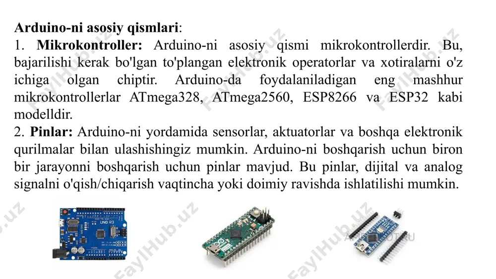onlayn nazorat qilish -aqlli axlat qutisi roboti -dengiz suvining sho'rligini o'lchash moslamasi -ko'p narsalar uchun taymerlar yarating -avtomatik o'simlik purkagich -tuxum inkubatorlari va qo'ziqorin kumbungidagi namlikni nazorat qilish moslamasi -raqamli soat yasash -raqamli namoz vaqti soati -simsiz sensorli tarmoq -avtomatik tarozi yasash -cnc va 3d printerlarni yasash -rf signalini ishlab chiqarish va wifi aloqasi -chiziqni kuzatuvchi robotlar -avtomatik eshiklar yoki derazalar yasash -chaqaloq yoki meva tarozilari -avtomatik azon taymer signali o'g'ri detektori -kvadrokopter ijodkorligingizga qarab yaratishingiz mumkin bo'lgan yana ko'p narsalar mavjud. wokwi.com tinkercad.com arduino-ni qo'lash sohalari juda kengdir. uning osonlik va ochiq manbali xususiyatlari uni ko'plab sohalarda ishlatish uchun ideal qiladi. quyidagi sohalarda arduino-ni qo'llash mumkin: o'quv muassasalari: arduino, elektronikani o'rganish va dasturlashni osonlashtirish uchun o'quv muassasalarida keng qo'llaniladi. uning oson ta'minoti, moslashtirishlari va o'quvchilarning o'zlarining loyihalarni yaratish va ulashish imkoniyatini beradi. iot (internet of things): arduino, iot loyihalarida ham keng qo'llaniladi. uning moslashtirishlari va kommunikatsiya protokollari (masalan, wi-fi, …