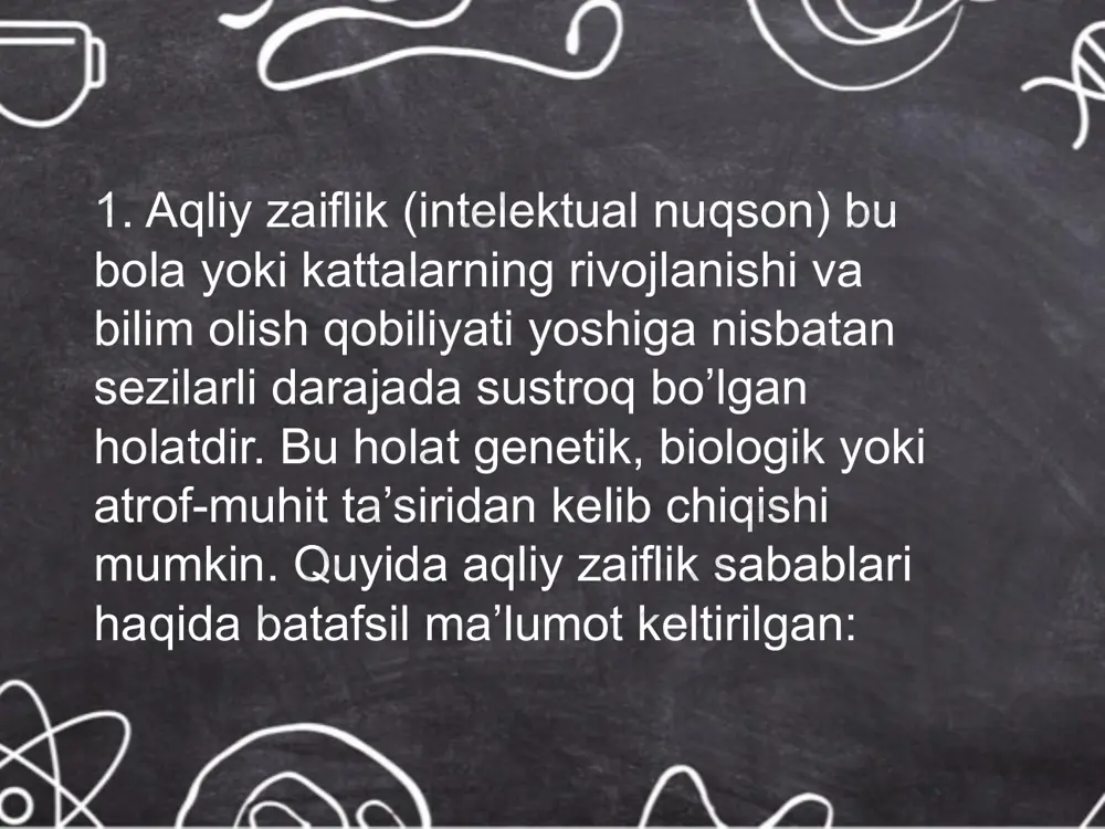 ilik • duradgorlik • to‘quvchilik •bog‘dorchilik va qishloq xo‘jaligi • hayvonlarga qarash • tozalash ishlari •oshxona yordamchisi • xizmat ko‘rsatish •mahsulotlarni qadoqlash va yig‘ish •texnik xizmat ko‘rsatish • hunar o‘rganish • avtomobil yuvish •san’at va ijodiy ishlar • rassomlik va bo‘yash • qo‘l san’atlari •ofis va ma’muriy yordam aqli zaif bolalar uchun maxsus o‘quv markazlari va reabilitatsiya dasturlarida quyidagi kasblar o‘rgatilishi mumkin: • qo‘l u (qo‘lda mahsulotlar yasash). • texnika bilan bog‘liq oddiy ishlov berish. muhim jihatlar 1. kasb tanlashda bolaning qobiliyati, qiziqishi va sog‘lig‘i hisobga olinishi kerak. 2. har bir vazifa ular uchun oddiy va tushunarli qilib tayyorlanishi lozim. 3. doimiy nazorat va qo‘llab-quvvatlash ularning muvaffaqiyatini oshiradi. 4. kasb tanlash jarayoni maxsus pedagoglar va psixologlar bilan maslahatlashgan holda amalga oshirilishi kerak. bunday bolalar oddiy kasblar orqali jamiyatda o‘z o‘rnini topib, foydali mehnat bilan shug‘ullanish imkoniyatiga ega bo‘lishlari mumkin. etiboringiz uchun raxmat! image2.png image3.png image4.png image5.png image6.png image7.png image1.png