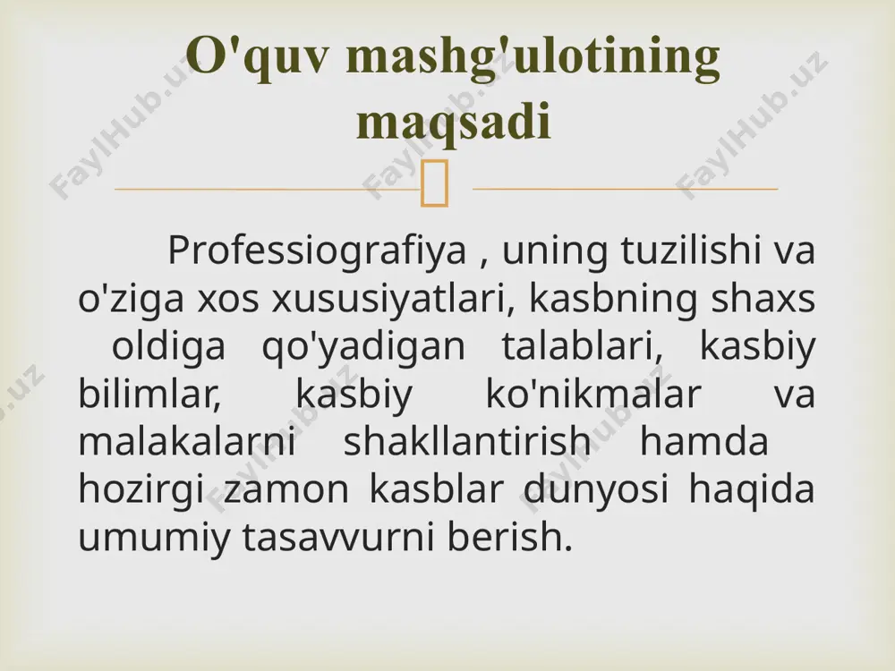 ga binoan); kasbga moslashish (adaptatsiyalash). e.a.klimov qarashlariga binoan professiogramma bu: sensor kanallarni yuklamalash, ustivor signallarning turlari faoliyat jarayonidagi axborotlar ko'lami va umumiy xususiyati (ko'rish, eshitish va boshqalar); axborotlarni saqlash va qayta ishlash bilan bog'liq aqliy faoliyatning xususiyati; xotira, tafakkur va nutqning qatnashuvi ayrim harakatlarning tavsifi; ishda, mehnat faoliyatida asab – psixologik zo'riqish, tanglikning mavjudligi; diqqatni boshqarish zarurati; ishda muvaffaqiyatga elituvchi shaxs sifatlari, fazilatlari; mehnat faoliyati tuzilishini tavsiflovchi integral psixofiziologik ko'rsatkichlar. shunday qilib, profesiografiyaning differentsial tamoyili kasbning o'rganish usullarini uning tavsif, mazmuni, shuningdek, qo'llanilish sohasi ya'ni professiografiya o'tkazish xususiyatlari uning maqsadlari bilan belgilanadi. maqsadlari quyidagi faoliyat sohalari bilan bog'langan bo'lishi mumkin: ishchilar attestatsiyasi. yangi kasblar mutaxassisliklarni loyihalashtirish. optantlar profkonsulьtatsiyasi va mutaxassislar tanlovi. kasbiy ta'lim malaka tayyorgarligi va malaka oshirishni takomillashtirish. shaxs kasbiy rivojlanishi bo'yicha ilmiy tadqiqotlar. kasbning ilmiy ta'siri, mehnatning (mehnat xulqi ) tashqi ya'ni psixik jarayonlar ko'rishini ya'ni, mehnat sub'ektining ichki vositalariga bo'lgan integral psixologik tuzilmalarini nazarda tutadi. professiografiyada ko'pgina …