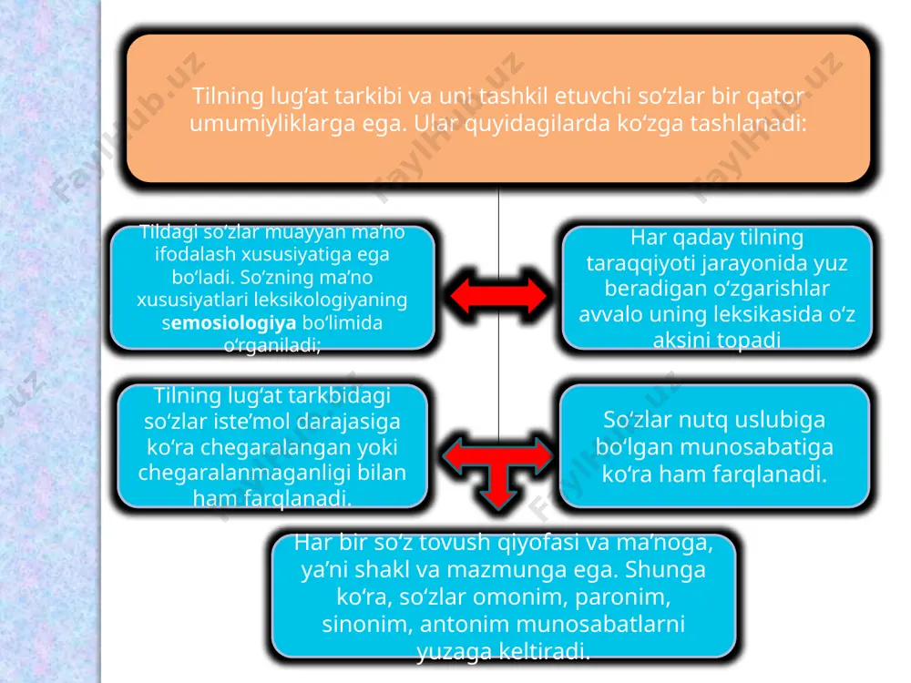 ma’noli so’zlar monosemantik so’zlar deyiladi. odam, chumchuq, ravish, tuya.. kabi so’zlar bir ma’nolidir. birdan ortiq (bir necha) ma’nolarda keladigan so’zlar ko’p ma’noli so’zlar deyiladi. ko’p ma’noli so’zlar polisemantik so’zlar deyiladi. ko’p ma’noli so’zlar omonim so’zlardan quyidagicha farqlanadi: ko’p ma’noli so’z bir so’zning bir necha ko’chma ma’noda kelishidir. omonim esa bir xil shaklga ega bo’lgan birdan ortiq (bir necha) so’zdir. masalan, o’t (olov), o’t (o’simlik), o’t (harakat), o’t (inson a’zosi). ko’p ma’noli so’zning ma’nolari o’rtasida bog’lanish seziladi. omonim so’zlar ma’nolari o’rtasida yaqinlik sezilmaydi. yangi so’zlar tilda yangi paydo bo’lgan va yangilik belgisi (bo’yog’i) sezilib turadigan so’zlar neologizmlar deyiladi: bakalavr, magistr, litsey, kollej. o’zbek tili lug’at tarkibidagi eski va yangi so’zlar nofaol so’zlar deb, zamonaviy qatlam so’zlari esa faol so’zlar deb nomlanadi. eskirgan so’zlar eskilik bo’yog’iga ega bo’lgan so’zlar eski qatlamni tashkil etadi. eski qatlam so’zlari ikki xil bo’ladi: tarixiy so’zlar (istorizmlar) arxaik so’zlar (arxaizmlar). noadabiy qatlam varvarizm slendlar parazit so’zlar vulgarizm …