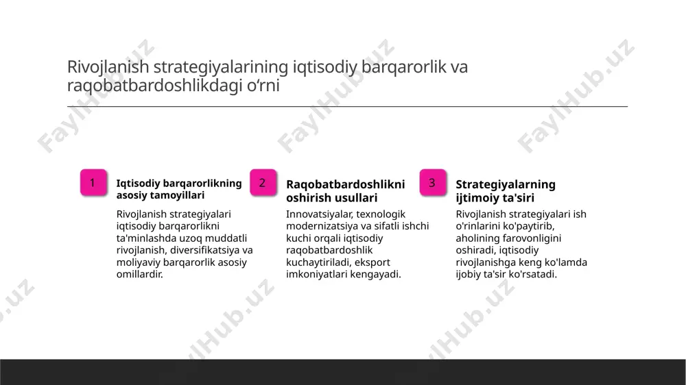 strategik hamkorlikni rivojlantirib, mintaqaviy barqarorlik va iqtisodiy o'sishga xizmat qiladi. 3 yangi imkoniyatlar o'zbekistonning diplomatik yutuqlari xalqaro tashkilotlar va investitsiyalar uchun yangi imkoniyatlar yaratib, mamlakatning rivojlanish yo'lini kengaytirdi. xulosa 1 iqtisodiy islohotlar va strategik rivojlanish mirziyoyevning iqtisodiy islohotlari ochiqbozlik, raqobat va innovatsiyalar tamoyillariga asoslanib, mamlakat iqtisodiy samaradorligini oshirdi va rivojlantirdi. 2 madaniyat va ta'lim bilan milliy identitetni kuchaytirish madaniyat va ta'lim siyosati yoshlarni milliy g‘urur va vatanparvarlik ruhida tarbiyalashda muhim rol o‘ynaydi, milliy ongni kengaytiradi va mustahkamlaydi. 3 tashqi siyosat va mintaqaviy hamkorlikdagi yutuqlar mirziyoyevning tashqi siyosat strategiyalari mintaqaviy barqarorlikni ta'minlab, xalqaro hamkorlikni rivojlantirish orqali o‘zbekistonning dunyo maydonidagi o‘rnini mustahkamladi. foydalanilgan adabiyotlar 1. o'zbekiston respublikasi prezidenti shavkat mirziyoyev. iqtisodiy islohotlar va rivojlanish strategiyalari. o'zbekiston milliy ensiklopediyasi, 2022. 2. islomov a. madaniyat, ta'lim va modernizatsiya jarayonlari. toshkent: o'zbekiston davlat tarixi muzeyi, 2021. 3. mustafaeva d. hududiy hamkorlik va tashqi siyosatdagi yutuqlar. xalqaro munosabatlar va diplomatiya, 2023. 4. qodirova s. o'zbekistonning rivojlanish …