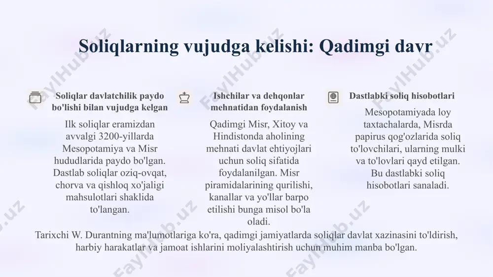 avgust davrida xarajatlar va daromadlar hisobi yuritilgan. turli imperiyalarda soliq tizimi takomillashib borgan. rim imperiyasida ilk marta soliq yig'ish uchun maxsus hujjatlar (qo'llanmalar) ishlab chiqilgan. qadimshunos p. bryantning tadqiqotlariga ko'ra, bu davr soliq tizimlari zamonaviy tizimlarning ilk namunasi bo'lgan. 3 dastlabki soliq tizimlarining xususiyatlari natural shaklda to'lash qadimgi dunyoda soliqlar asosan natural shaklda to'langan - don, chorva, qimmatbaho metallar, hunarmandchilik buyumlari va boshqa mahsulotlar bilan. pul muomalasi rivojlangach, soliqlarni pul ko'rinishida to'lash amaliyoti keng tarqalgan. qadimgi xitoyda "chjou-li" kitobi (er. av. xi-v asr) ma'lumotlariga ko'ra, dehqonlardan hosilning 1/9-1/3 qismi soliq sifatida undirilgan. mehnat majburiyati davlatlar qurilish ishlari, yo'llar, kanallar va mudofaa inshootlarini barpo etishda aholining mehnatidan majburiy ravishda foydalanganlar. masalan, qadimgi misrda piramidalar qurilishida, qadimgi xitoyda buyuk xitoy devori qurilishida aholining mehnat majburiyati soliq sifatida qo'llanilgan. arxeolog a. gardinerning tadqiqotlariga ko'ra, qadimgi misrda har bir oila yiliga 2-3 oy davomida mehnat majburiyatini bajarishi shart bo'lgan. harbiy xizmat ko'pgina qadimgi jamiyatlarda …