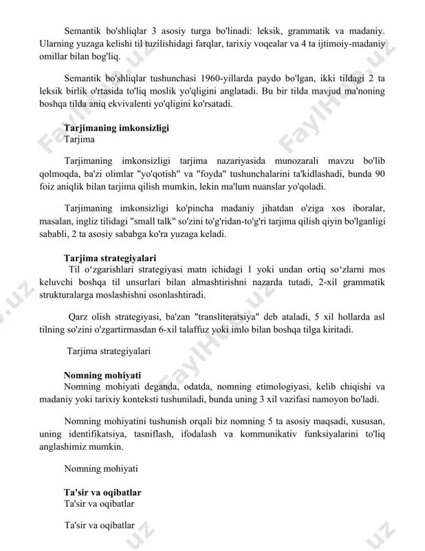 " va "foyda" tushunchalarini ta'kidlashadi, bunda 90 foiz aniqlik bilan tarjima qilish mumkin, lekin ma'lum nuanslar yo'qoladi. tarjimaning imkonsizligi ko'pincha madaniy jihatdan o'ziga xos iboralar, masalan, ingliz tilidagi "small talk" so'zini to'g'ridan-to'g'ri tarjima qilish qiyin bo'lganligi sababli, 2 ta asosiy sababga ko'ra yuzaga keladi. tarjima strategiyalari til oʻzgarishlari strategiyasi matn ichidagi 1 yoki undan ortiq soʻzlarni mos keluvchi boshqa til unsurlari bilan almashtirishni nazarda tutadi, 2-xil grammatik strukturalarga moslashishni osonlashtiradi. qarz olish strategiyasi, ba'zan "transliteratsiya" deb ataladi, 5 xil hollarda asl tilning so'zini o'zgartirmasdan 6-xil talaffuz yoki imlo bilan boshqa tilga kiritadi. tarjima strategiyalari nomning mohiyati nomning mohiyati deganda, odatda, nomning etimologiyasi, kelib chiqishi va madaniy yoki tarixiy konteksti tushuniladi, bunda uning 3 xil vazifasi namoyon bo'ladi. nomning mohiyatini tushunish orqali biz nomning 5 ta asosiy maqsadi, xususan, uning identifikatsiya, tasniflash, ifodalash va kommunikativ funksiyalarini to'liq anglashimiz mumkin. nomning mohiyati ta'sir va oqibatlar ta'sir va oqibatlar ta'sir va oqibatlar ta'sir …