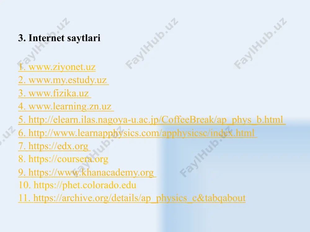 ssasiga teng boʻlgan massa (platina-iridiydan yasalgan silindr). 19 sekund (s) – seziy-133 atomi asosiy holatining ikkita oʻta yupqa sathlari orasidagi oʻtishga mos keluvchi, nurlanishning 9192631770 davriga mos keluvchi vaqt. amper (а) – oʻzgarmas tok kuchi boʻlib, u vakuumda bir-biridan 1 m masofada joylashgan ikkita parallel, kesim yuzasi juda kichik, cheksiz uzun oʻtkazgichlarning har bir metrida oʻzaro ta’sir qiluvchi 2·10-7 n ga teng kuch hosil qiladi. 20 kelvin (к) - suvning uchlik nuqtasidagi termodinamik temperaturaning 1/273,16 qismi. mol (mol) – modda miqdori boʻlib, oʻzida 12 g uglerod-12 izotopi atomlari soniga teng struktura elementlarini saqlaydi. kandella (kd) – berilgan yoʻnalishda 540·1012 gts chastota bilan monoxromatik nurlanish chiqarayotgan manbaning yorugʻlik kuchi. 21 fizikaviy fazo: uch oʻlchamli – jismning holati uchta son – koordinatalar bilan toʻliq aniqlanadi izotrop – ajratilgan yoʻnalishlar boʻyicha barcha xossalar bir xil va oʻzgarmaydi bir jinsli – barcha nuqtalarida fazoning xususiyatlari bir hil. vaqt: bir oʻlchamli - vaqt oʻqini yoʻnalishni …