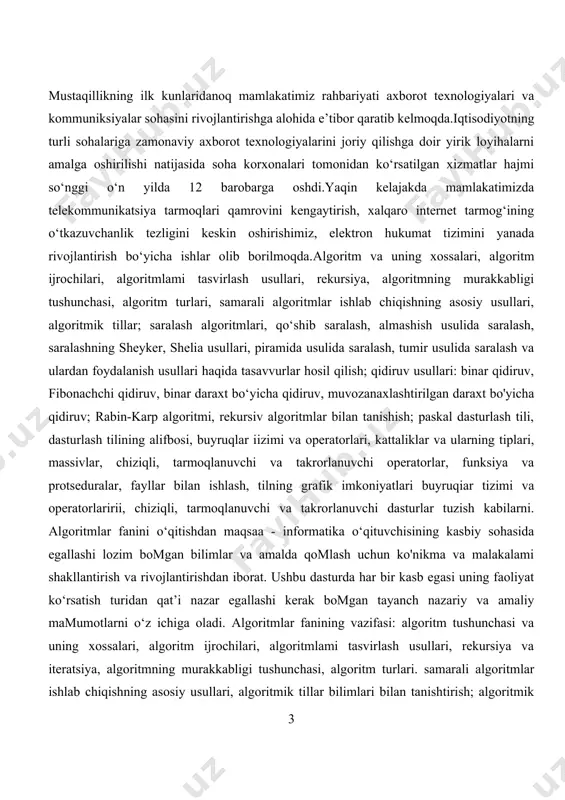 tanishish va shu algoritmga o’xshash algoritmlar bilan farqini aniqlash kurs ishining asosiy vazifasi:ketma ket tanlash algoritmini amaliyotda qo’llanish sohalari va foydasini o’rganish.kurs ishining tarkibi: kurs ishiga kirish, 2 bob, xulosa, foydalanilgan adabiyotlardan i. algoritm haqida 1.1 algoritm tushunchasi va uning xossasi algoritm so`zi va tushunchasi ix asrda yashab ijod etgan buyuk bobokalonimiz muxammad al-xorazmiy nomi bilan uzviy bog`liq bo`lib, uning arifmetikaga bag`ishlangan “al jabr va al-muqobala” nomli asarining dastlabki betidagi “dixit algoritmic” (“dediki al xorazmiy”ning lotincha ifodasi) degan jumlalardan kelib chiqqan. al-xorazmiy birinchi bo`lib o`nlik sanoq sistemasining prinsiplarini va unda turli amallar bajarish qoidalarini asoslab berdi. bu esa hisoblash ishlarini ixchamlashtirish va osonlashtirish imkonini yaratadi. chunki bu bilan o`sha davrda qo`llanib kelingan rim raqamlari va sonlarni so`z orqali yozib bajarishdagi noqulayliklar bartaraf etildi. dastlab algoritm deyilganda o`nlik sanoq sistemasidagi sonlar ustida turli arifmetik amallar bajarish qoidalari tushunib kelingan. al-xorazmiyning ilmiy asarlari fanga algoritm tushunchasining kiritilishiga sabab bo`ldi. algoritm nima? umuman …