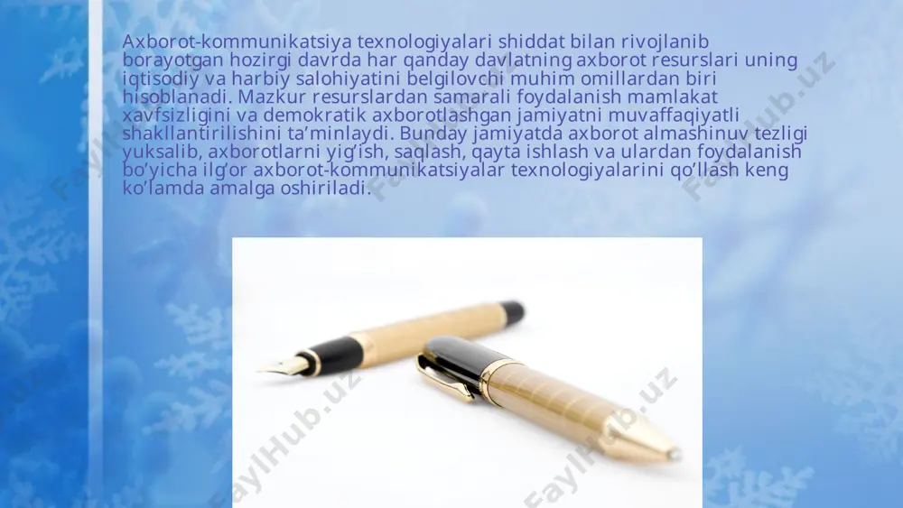 logiyasini qo’llovchi avtomatlashtirish vositalari majmuasidan iborat bo’lgan tizimdir. demak, avtomatlashtirilgan tizim quyidagi qismlar to’plamidan iborat: – ma’lumotlarni qayta ishlash va uzatish texnik vositalari; – dasturiy ta’minot; – turli axborot tashuvchilardagi ma’lumotlar; – xizmat ko’rsatuvchi xodimlar va tizim foydalanuvchilari axborotlashtirish jarayonining jadallashuvi munosabati bilan jamiyatning barcha sohalarida axborot muhofaza qilish muammosi tobora dolzarb bo’lib bormoqda. konfidensial axborotlar va davlat sirlariga taalluqli bo’lgan maxfiy axborotlar muhofazaga muhtojdir. c# dasturlash tili imkoniyatlari c# dasturi 90 yillarning oxirida ishlab chiqilib microsoft. net ning bir qismiga aylandi. al`fa versiya sifatida 2000 yildan boshlab ishlatila boshladi. c# bosh arxitektori butun dunyo dasturchilari ichida birinchilar qatorida turgan va butun dunyo tomonidan tan olingan anders hejlsberg bo`ldi. uning 1980 yillarda chiqarilgan turbo paskal dasturi orqali ham tanishimiz mumkin. c# dasturlash tilining asosiy operatorlari dasturni yozish redaktori, c# tili standart kutubxonalardir. c# dasturi ma'lum bir fazalardan o'tadi. birinchisi dasturni yozish va tahrirlash, ikkinchisi preprosessor amallarini bajarish, kompilyatsiya, kutubxonalardagi obyekt …