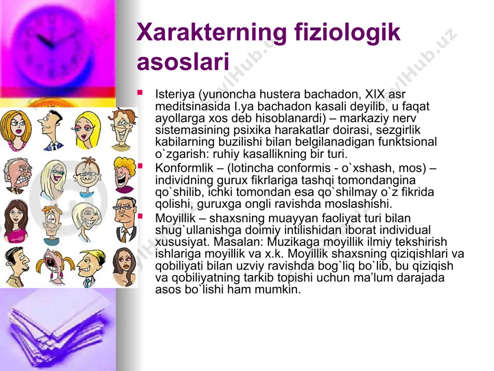 iyatlarigagina o`zaro bog`liq bo`lmay, balki, ko`p yoki oz darajada turli munosabatlarga bog`liq bo`lgan xarakterning xususiyatlari o`zaro bog`liqdirlar. shaxs munosabatlarining o`zaro aloqasida markaziy, asosiy va ularga tobe bo`lgan munosabatlar bordir. xarakter xususiyatlari jumlasiga quydagilar kiradi xarakter xususiyatlari jumlasiga quydagilar kiradi: chuqurlik darajasi. xarakter kuchi. barqarorlik-o`zgaruvchanlik darajasi. plastikligi. shaxsning markaziy, asosiy munosabatlari bilan belgilanadigan xususiyatlarini biz xarakterning bir muncha chuqurroq xususiyatlari deb aytamiz. shuning uchun ular boshqa xususiyatlarning juda keng sistemasi bilan bog`langan bo`ladi. shaxsning individual – psixologik xususiyatlari xarkter strukturasida shaxsning individual – psixologik xususiyatlarning hamda psixik protsesslarning namoyon bo`lish aktivligiga qarab quyidagi ijobiy xarakter xususiyatlarini ko`rsatish mumkin. xarakterning ma’naviy tarbiyalanganligi. xarakterning muvozanatlashganligi xarakterning aniqligi xarakterning kuchi xarakterning qa’tiyligi xarakterning yaxlitligi xarakterning ma’naviy tarbiyalanganligi odamning hulq atvorning xarakterning aniqligi xarakterning aniqligi shaxsning xulq - atvorini uning ishonchiga, ma’naviy – siyosiy tasavvuriga, yo`nalishiga mos tushishda ifodalanadi. xarakterning qat’iyligi shaxs xatti harakatlarning o`ylanganligi, o`z qarashlarining va qabul qilgan qaroriga amal qilishda ifodalanadi. xarakterning …