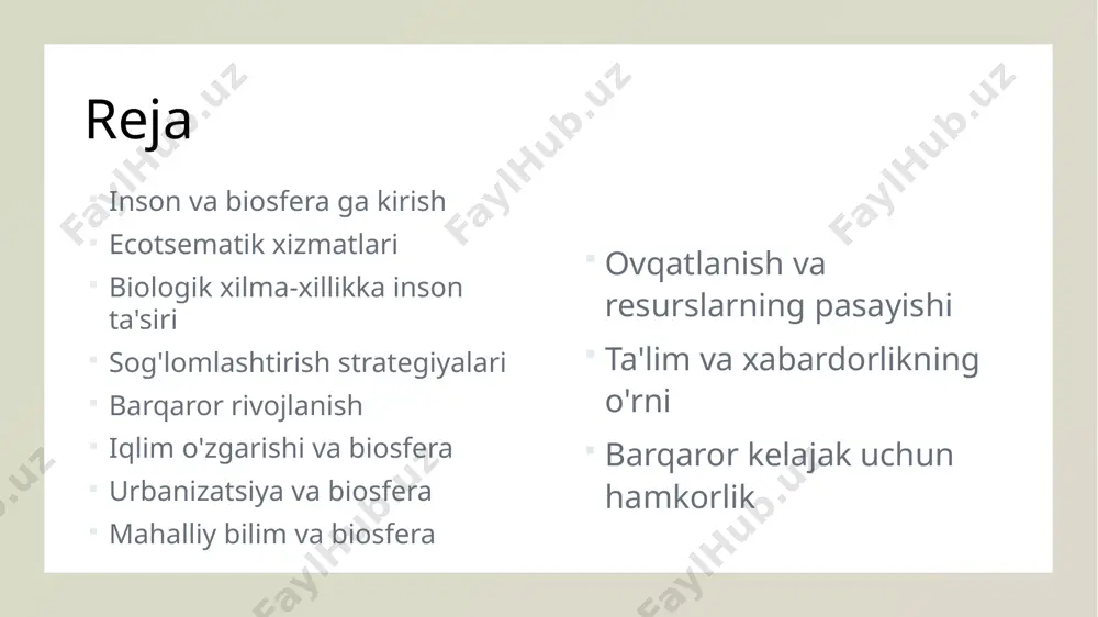 aning barqaror boshqaruviga o'z hissasini qo'shadigan qimmatli bilim va amaliyotlarga ega.ularning an'anaviy ekologik bilimlari avlodlar orqali o'tadigan an'anaviy ekologik bilimlar barqaror resurslardan barqaror foydalanish, tabiatni muhofaza qilish va atrof-muhit o'zgarishlariga moslashish to'g'risida tushunchalarni taqdim etadi.masalan, amazon rainforestdagi mahalliy jamoalar dorivor o'simliklarni va barqaror fermer xo'jaligini chuqur bilimga ega. ovqatlanish va resurslarning pasayishi amalga oshirilmaydigan ishlab chiqarish va iste'mol qilish tartibi, tabiiy resurslarni detar olib, biosferani desektivlashtiradi.bunga haddan tashqari ko'paytirish, o'rmonlarning kesilishi va suv resurslaridan ortiqcha foydalanish kiradi.masalan, dengiz ekotizimlarini buzish, baliq populyatsiyasining qulashiga olib keladi va qirg'oq jamoalarining turmush tarziga tahdid soladi. ta'lim va xabardorlikning o'rni ta'lim va xabardorlik barqaror odatlarni targ'ib qilishda va biosferani himoya qilishda hal qiluvchi rol o'ynaydi.atrof-muhit savodxonligini oshirish orqali, jismoniy shaxslar o'z ekologik izlarini minimallashtirish uchun qaror qabul qilishlari va harakatlarini amalga oshirishlari mumkin.masalan, qayta ishlashning ahamiyati va chiqindilarini kamaytirish va kamaytirishning ahamiyati to'g'risida ma'lumot berish, chiqindilarni kamaytirish va tejashga hissa qo'shishi mumkin. barqaror kelajak …