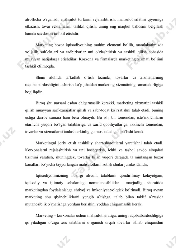 an taklif o`rtasida bir qadar nomutanosiblik mavjud bo`lgan sharoitda tovarlarni egasiga borib yetadigan qilib ishlab chiqarish va oxirgi iste`molchiga kam-ko`stsiz yetkazib berish juda ham muhimdir. marketing ana shunga imkon ochadi. marketing yordamida ko`pgina muammolarni hal qilish mumkin: talabga ta`sir o`tkazish, uning tarkibini o`zgartirish, ishlab chiqarishni bozor talablariga moslashtirish va h.k. shunday qilib, marketing xo`jalik yuritishning bozor munosabatlariga asoslangan tizimida korxona va firmalar uchun strategik ahamiyatga molik bo`lgan vazifalarni hal etishga ko`maklashadi. quyida talabning turli holatlari va marketing xizmatining ularga mos keladigan vazifalarini keltiramiz. 1.manfiy talab. agar xaridorning ko`pchilik qismi tovarni qabul qilmasa va undan qochadigan bo`lsa, bunday bozor manfiy talab holatida bo`ladi. bunday sharoitda marketing xizmatining vazifasi bozor nima sababdan tovarni yoqtirmayotganini tahlil qilish va tovarni qayta ishlash, baholarni pasaytirish yo`li bilan uni sotishni bir muncha jonlashtirishdan iboratdir. 2.talabning yo`qligi. iste`molchilar tovarga qiziqmasligi yoki unga befarq qarashlari mumkin. bunday hollarda marketingning vazifasi tovarga xos bo`lgan xususiyatlarni insonning tabiiy ehtiyojlari va …