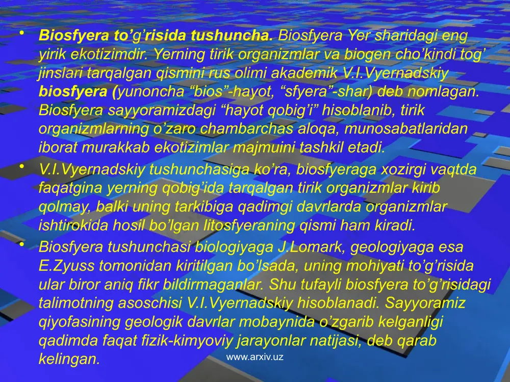 a tirik mikroorganizmlar uchraydi. inson ham biosfyeraning tarkibiy qismidir. www.arxiv.uz enyergiyaning aylanishi moddalarning aylanishi bilan chambarchas bog’liq. moddalar kichik (biologik) va katta doiralarda (geologik) aylanadi. biologik quruqlikda tuproq bilan organizm o’rtasida, gidrosfyerada esa organizm bilan suv o’rtasida sodir bo’ladi. geologik modda aylanish quruqlik bilan dunyo o’rtasidagi jarayondir. demak, biosfyera yaxlit, bir butun hosila ekanligi ravshan. inson yer yuzasidagi hayot rivojlanishi (biogenez)ning navbatdagi bosqichi bo’lib, eng kuchli tabiiy omildir. u nafaqat yer sayyorasi, balki koinotni o’zgartirishga ham qodir. hozirda biosfyerani noosfyera (“fikrlovchi qobiq”)ga aylanishi kuzatilmoqda. v.i.vyernadskiyning fikricha noosfyera biosfyeraning qonuniy rivojlanishi natijasi bo’lib, inson bilan tabiatni o’zaro ongli aloqa munosabatlaridan iboratdir. www.arxiv.uz www.arxiv.uz ekologik tizim va uning tuzilishi. ekologiyaning bosh tadqiqot ob’ekti-ekologik tizimdir, yoki ekotizim. u ma’lum maydondan iborat bo’lib, unda tirik organizmlar va ularni yashash muhitlari majmuasi moddiy-enyergetik va axborotlarning o’zaro ta’siri bilan birlashgan. “ekotizim” atamasi ilk bor ingliz botanigi l. tensli (1935) tomonidan taklif qilingan. ekotizim biror kattalikdagi yoki …
