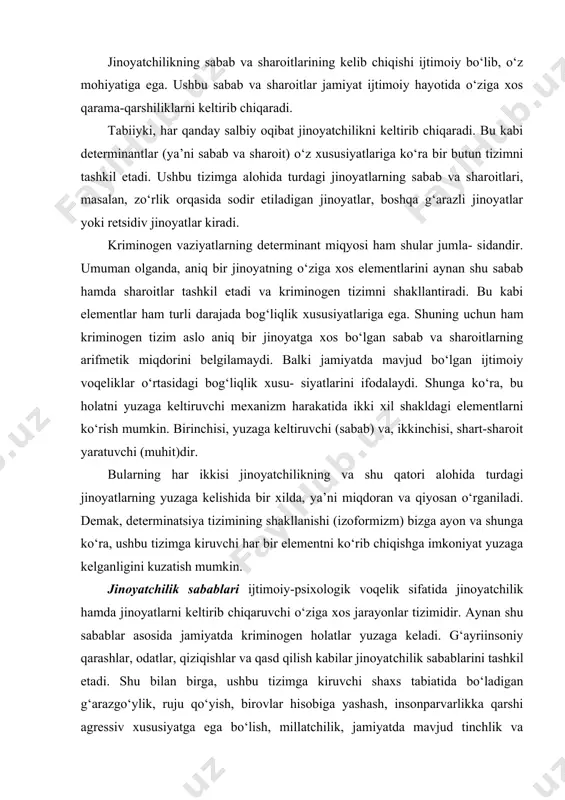 k va xavfsizlikka rioya etmaslik kabi holatlar ham jinoyatchilikni kelib chiqishida salbiy o‘rin tutishini e’tiborga olish lozim. jinoyatchilikning sharoitlari esa o‘ziga xos ravishda uning sabablari yuzaga kelishini jadallashtiruvchi holatlarni o‘z ichiga oladi. masalan, xo‘jalik yuritishdagi boshqaruvni tashkil etishda xizmat mavqeidan g‘ayri- qonuniy ravishda foydalanishning mavjudligi bu sohada jinoiy faoliyat yuritishdagi salbiy sharoitdir va jinoyat yo‘liga kirgan har bir shaxs ushbu sharoitdan «unumli» foydalanishi mumkin. chunki bunday vaziyatda kelib chiquvchi xo‘jasizlik, nazoratning sustligi, moddiy boyliklarning saqlani- shining ta’minlanmaganligi jinoyatga «yo‘l ochib» beradi. jinoyatchilikning kelib chiqishida muhim rol o‘ynaydigan sabab va sharoit o‘zaro chambarchas bog‘liqdir. shuning uchun ham bu holat «kri- minogen-determinant» deb e’tirof etilgan. zotan, har qanday sharoitning o‘zi jinoyatchilik va jinoyatni yuzaga keltirmaydi. sharoit mavjud bo‘lgan holda biror-bir jinoyatchilik sababsiz sodir bo‘lmaydi. sabab, o‘z mazmuniga ko‘ra ijtimoiy-psixologik holat bo‘lsa, sharoit iqtisodiy, siyosiy, huquqiy, tashkiliy jihatdan yuzaga keluvchi holat hisoblanadi. kriminologiya jinoyatchilikni ilmiy jihatdan o‘rganishda ko‘p hollarda o‘ziga xos «korrelyatsion aloqadorlik»ni …