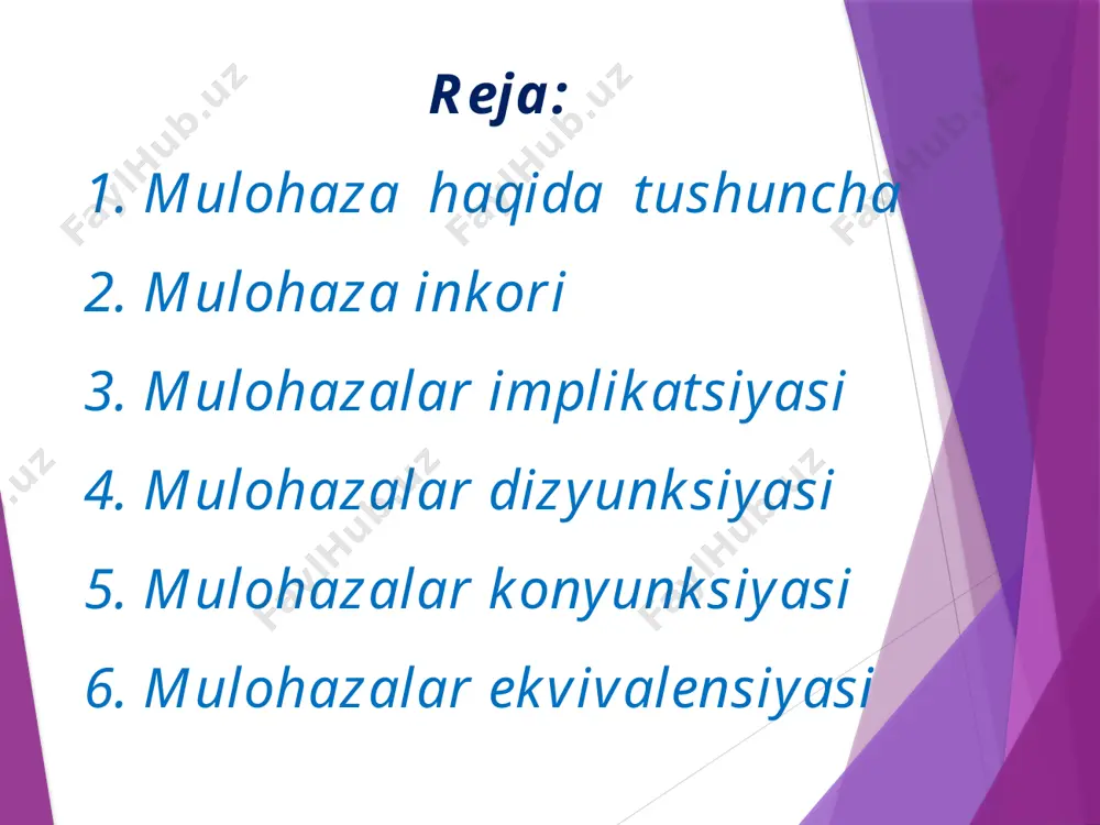 germany” – false b: “varshava is the capital of poland” – true ushbu mulohazaning rostlik jadvali quyidagicha: a b 0 1 1 mulohazalar dizyunksiyasi ikkita sodda a, b mulohazalardan tuzilgan “a yoki b” mulohazaga aytiladi. “a˅b” ko’rinishda yoziladi va “a yoki b” deb o’qiladi. xossalari: a˅b=ba (kommutativlik) (a˅b)˅c=a˅(b˅c)=a˅b˅c (assotsiativlik) a˅ᾱ(a˅ᾱ – aynan rost mulohaza). a˅(b˄c)=(a˅b)˄(a˅c) – dizyunksiyaning konyunksiyaga nisbatan distributivligi) a: “varshava is the capital of germany” – false b: “varshava is the capital of poland” – true ushbu mulohazaning rostlik jadvali quyidagicha: a b a⇒b 0 1 1 mulohazalar implikatsiyasi sodda a va b mulohazalardan tuzilgan “agar a bo’lsa, b bo’ladi” ko’rinishidagi mulohazaga aytiladi va “ab” ko’rinishda yoziladi. xossalari: a⇒b=ᾱ˅b a⇒b=⇒ᾱ (kontropozitsiya qonuni). a: “varshava is the capital of germany” – false b: “varshava is the capital of poland” – true ushbu mulohazaning rostlik jadvali quyidagicha: a b a⇔b 0 1 0 mulohazalar ekvivalensiyasi sodda a va b mulohazalardan …