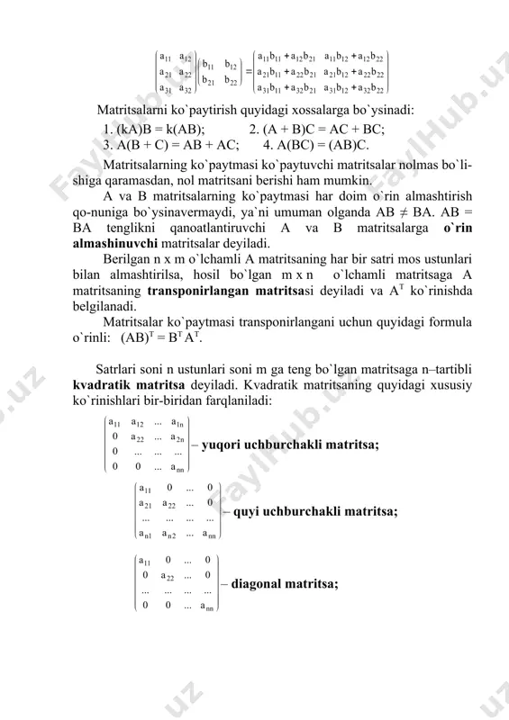 r p- tartibli kvadratik matritsani tashkil etadi va unga o`z navbatida p-tartibli determinant yoki minorni mos qo`yish mumkin. a matritsaning rangi deb, noldan farqli matritsa osti minorlarining eng katta tartibiga aytiladi va rang(a) ko`rinishida ifodalanadi. 1-masala. matritsa rangini aniqlang? berilgan matritsa 3 x 2 o`lchamli bo`lgani uchun satrlari va ustun-lari sonini taqqoslaymiz va kichigi 2 ni tanlaymiz. matritsadan ikkinchi tartibli minorlar ajratamiz va ularning kattaligini hisoblaymiz. jarayonni noldan farqli ikkinchi-tartibli minor ajralmaguncha davom etamiz: berilgan matritsadan noldan farqli eng yuqori ikkinchi tartibli minor ajraldi. demak, ta`rifga binoan, a matritsa rangi 2 ga teng. 2-masala. matritsa rangini aniqlang? b matritsadan ajralishi mumkin bo`lgan eng yuqori - ikkinchi tartibli har qanday minor nolga teng: demak, matritsa rangi ikkiga teng bo`la olmaydi. v matritsa nolmas matritsa bo`lgani uchun uning rangi 1 ga teng. 3-masala. matritsa rangini aniqlang? c matritsa uchinchi tartibli kvadratik matritsa. undan yagona eng yuqori 3-tartibli m1 minor ajraladi. m1 minor …