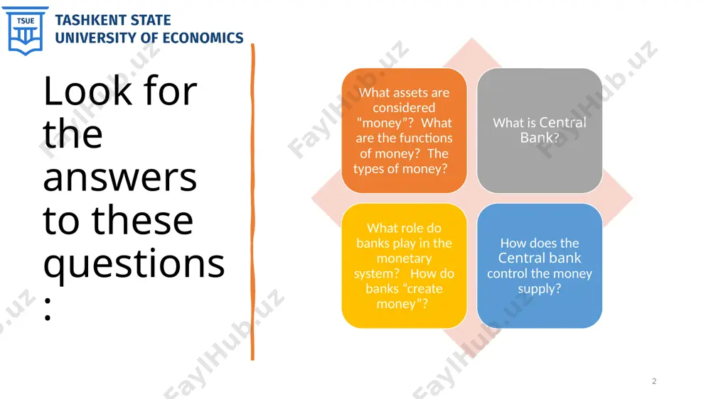from econ1 class discussion question which of these are money? a. currency b. checks c. deposits in checking accounts (called demand deposits) d. credit cards e. certificates of deposit (called time deposits) slide 7 7 answers: a - yes b - no, not the checks themselves, but the funds in checking accounts are money. c - yes (see b) d - no, credit cards are a means of deferring payment. e - cds are a store of value, and they are measured in money units (“hey, i just bought a $1000 cd, dude!”). they are not readily spendable, though. the money supply the money supply (or money stock): quantity of money available in the economy currency: paper bills and coins in the hands of the (non-bank) public demand deposits: balances in bank accounts that depositors can access on demand by writing a check 8 what assets should be considered part …