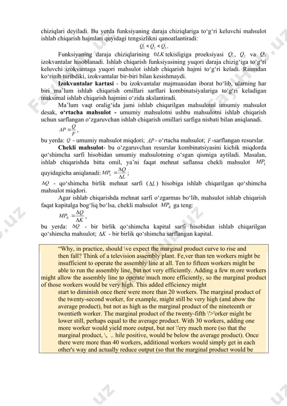 rida ishlab chiqarish mumkinligini ifodalaydi. rasmda izokvantaning va nuqtalarida mehnat va kapital sarflarining har xil kombinatsiyalarida 80 dona stul ishlab chiqariladi. xuddiy shunday izokvantaning va nuqtalari ham har xil ishlab chiqarish omillari sarfida 100 ta stul ishlab chiqarishni ta’minlaydi. 1-rasmdan ko‘rinib turibdiki izokvanta izokvantadan o‘ngroq va yuqoriroqda joylashgani uchun unga to‘g‘ri keladigan ishlab chiqarish hajmi nikidan ko‘proq. izokvanta esa ga nisbatan o‘ngroq va yuqoriroqda joylashgani uchun unga to‘g‘ri keladigan ishlab chiqarish hajmi nikidan ko‘proq. demak, izokvantalar chapdan o‘ngga va yuqoriga qarab joylashib borsa, ularga to‘g‘ri keladigan ishlab chiqarish hajmi ham mos holda oshib boradi. 1-rasmdagi izokvantalar uchun deb yozishimiz mumkin. izokvantalarni bunday tartibda joylashishini ikkita omildan, ya’ni mehnat va kapital sarflariga bog‘liq ishlab chiqarish funksiyasi yordamida ko‘rib chiqamiz. quyidagi ishlab chiqarish funksiyasi berilgan bo‘lsin: (1) (1)-funksiyaning uch o‘lchovli fazodagi grafigi quyidagi ko‘rinishda bo‘ladi (2-rasm). 2-rasm. ishlab chiqarish funksiyasi grafigi va uning , va darajadagi chiziqlari. rasmda (1) ishlab chiqarish funksiyasi …