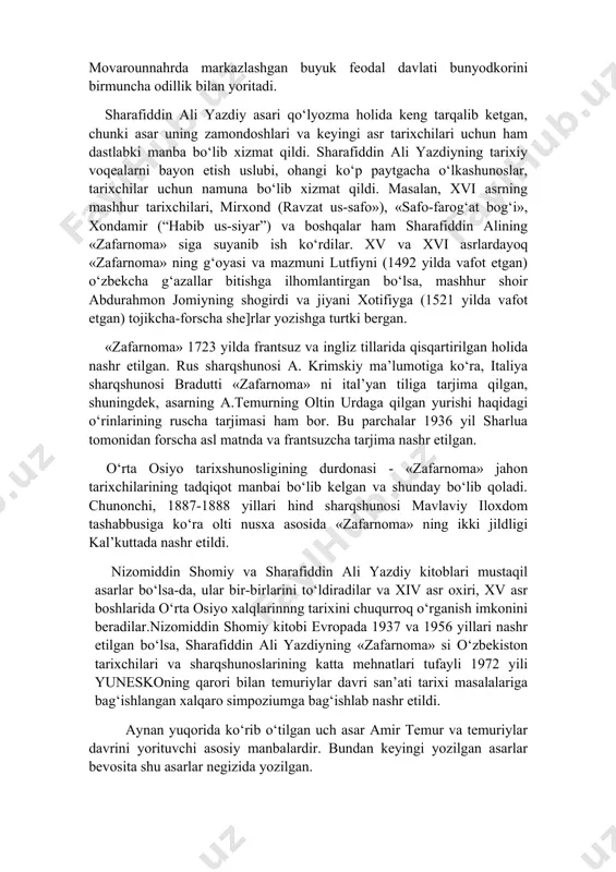 lardan chekinmasligi, hech narsani bo‘yab-bejamasligi shart edi. shu yo‘sinda a.temurning keng miqyosda rasmiy tarixi dunyoga keldi. bir necha og‘iz so‘z «zafarnoma» yozilish vaqtining tarixiy xronologiyasi haqida. gap shundaki, asarning boshlanishi (1418-1419) va tugatilishi (1424-1425) haqida ali yazdiy hamda zamondoshlari tomonidan berilgan ma’lumotlar bor. lekin muallif asar ustida ishlashni davom ettirganmi, axir 1454 yilgacha yashaganku? ha, muallif asar ustida ishlashni davom ettirgan. bu haqda quyidagi ma’lumot bor: bugungi kunda sharq tarixshunoslariga «zafarnoma» ning 1436-1437 yy. sanasi bilan bitilgan qo‘lyozmasi ma’lum. demak, 840 yilda «zafarnoma» ning bir necha qo‘lyozmasi bo‘lgan. xv asr boshlarida asar matnini muxammad ali ibn darveshali buxoriy o‘zbek tiliga o‘giradi. asarning 1972 yil toshkentda e’lon qilingan faksimil nashri ana shu qo‘lyozmalardan biri hisoblanadi. asarning muallifini yaxshi bilgan abdurazzoq samarqandiyning yozishicha, «zafarnoma» 828 yili (1424-1425) tugallangan, ammo muallif «zafarnoma» ni to‘ldirish uchun 831 (1427-1428 yillar) yildan keyin ham ma’lumot to‘plashda davom etgan. abdurazzoq samarqandiyning bu fikriga suyangan o‘zbek sharqshunosi asomiddin …