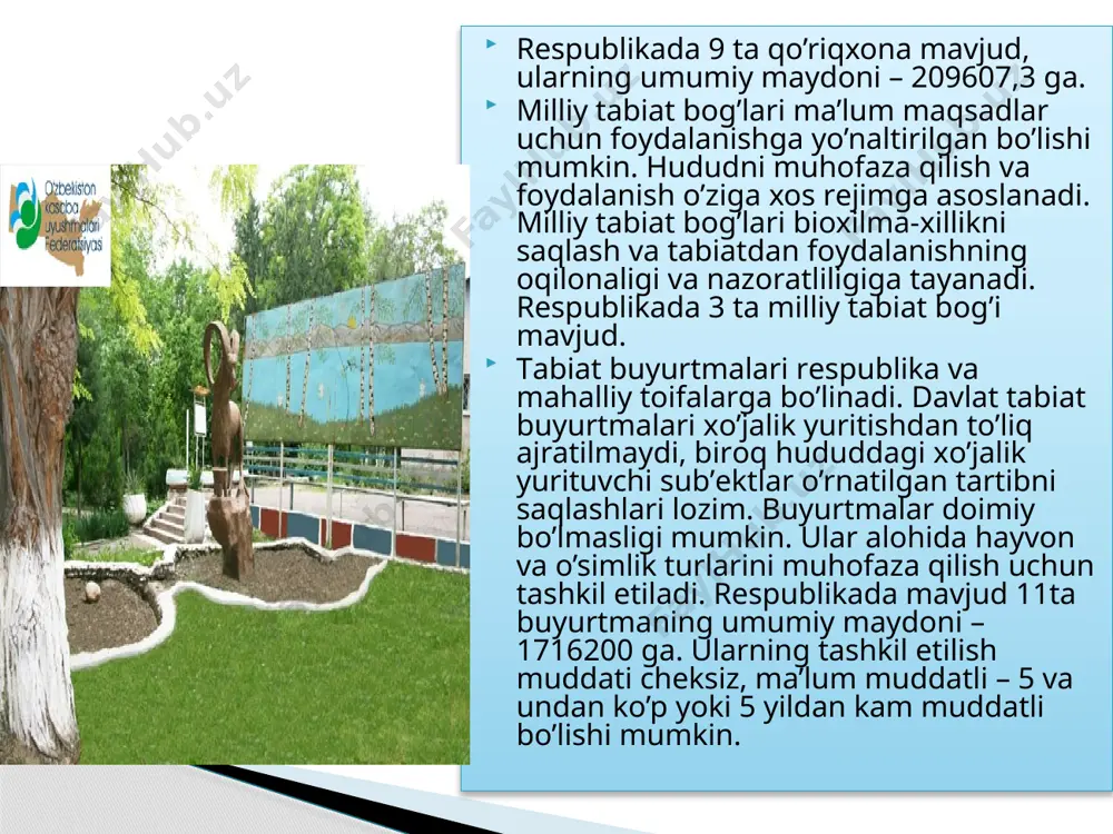 n 103 turi qo`iqxonani o`z makonlariga aylantirganlar. qo’riqxonada uchraydigan qushlar orasidan 9 turi o’zbekiston qizil kitobiga kiritilgan. bu yerda qora laylak, qora kalxat, griffon-yirtqich qushi, oltin burgut, ilon burgut kabi qush turlarini uchratish mumkin. qushlar chotqol biosfera qo’riqxonasi — toshkent viloyatining parkent tumani tog’li hududida, chatqol tog’ tizmalarining janubi-g’arbida joylashgan. o’zbekiston respublikasi vazirlar mahkamasining 1990 y. 21 iyundagi qarori bilan chatqol qo’riqxonasi (1947) negizida ugomchatqol davlat pgabiat milliy bog’i tashkil etilishi munosabati bilan uning jan. qismida alohida qo’riqlanadigan hudud tarzida ajratilgan chotqol biosfera qo’riqxonasi toshkent viloyati tabiatini muhofaza qilish boshqarmasiga qaraydi. g’arbiy tyanshanning ulkan va noyob o’simliklari, hayvonot va qushlarini o’rganish, saqlab qolish va ko’paytirish maqsadlarida ish olib boradi. umumiy mayd. 9900 ga.qo’riqxona hududi sharqda deyarli namangan viloyati, jan.g’arbda ohangaron tumani tog’li hududlariga yaqin boradi. relyefi har xil balandliklar (1100 —4000 m), qoyali cho’qqilar va tik qiyaliklar bilan tavsiflanadi. 1000 —1500 m balandlikda lyossimon tuproqlar, undan yuqorida tog’-o’rmon va o’tloqi …