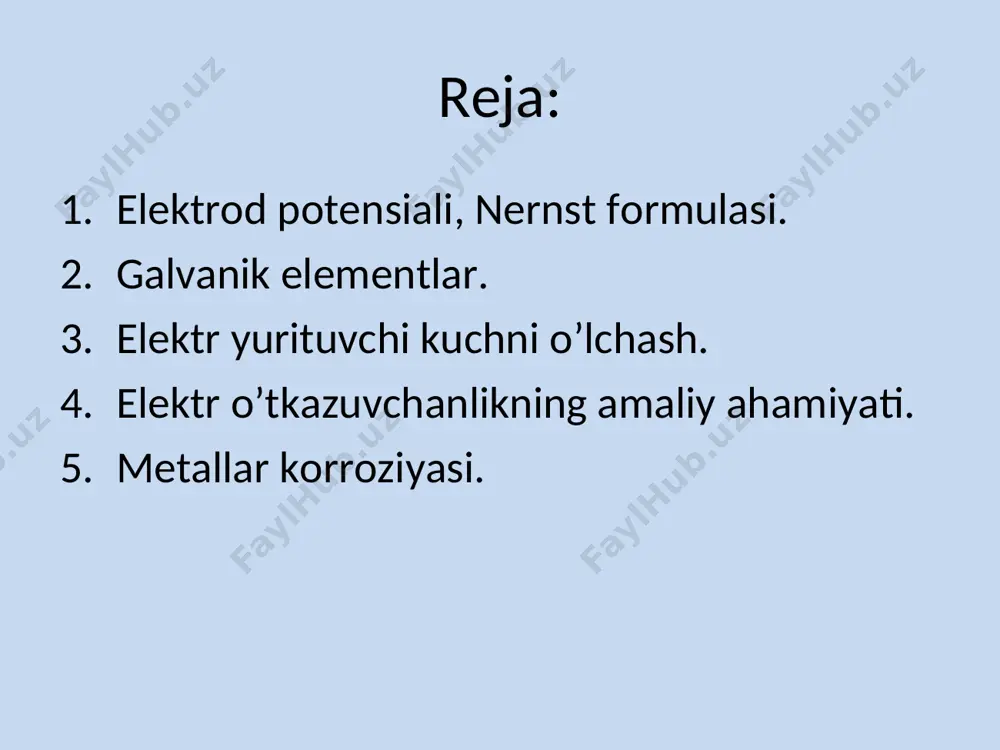 xil bo’lgan zaryad nolga teng bo’ladi. nernst formulasi metall bilan eritma o’rtasida hosil bo’ladigan elektrod potentsial miqdori nernst formulasi yordamida aniqlanadi: bu yerda e – elektrod potsentsial, volt; е0 – normal (standart) elektrod potsentsial; r – universal gaz doimiyligi; t – mutlaq harorat; n – ion zaryadi (valentligi); f – faradey soni, 96500 kulon; cmen+ – metall ionlarining eritmadagi kosentratsiyasi. agar cme = 1 mol/l bo’lsa, va е = е0 bo’ladi. hisoblashlarda biror harorat uchun qiymat hisoblanadi. masalan, 180с уchun bu qiymat 0,0577 ga teng. unda bu harorat uchun nernst formulasi: normal (standart) potensial metall shu metallning konsentratsiyasi bo’lgan eritmasiga tushirilganda hosil bo’ladigan potsentsialga normal (standart) potsentsial deb aytiladi. hozircha elektrod potsentsiallarning mutlaq qiymatini o’lchash mumkin bo’lmaganidan, ularning qiymatini biror boshqa elektrod potsentsiali bilan solishtirib aniqlanadi. shu maqsadda vodorod elektrod potentsiali nol deb qabul qilingan. galvanik elementlar kimyoviy reaksiya natijasida elektr energiyasi ishlab chiqariladigan, ya‘ni kimyoviy energiyani elektr energiyasiga aylantirib …