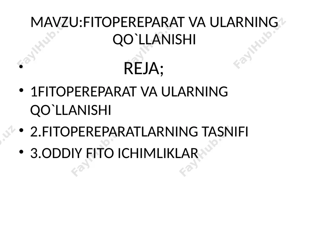 ma’lum biofaol moddalar borligidadir. zamonaviy amaliyotda o’simlikning har xil biofaol moddalaridan foydalanib kelinmoqda alkaloidlar, efir moylari, organik kislotalar, vitaminlar, oshlovchi moddalar, smolalar, shilimshiqlar, fitontsidlar shular jumlasidandir. o’simliklardan olingan dorivor moddalar –bu butun biogenetik yig’ilgan majmua bo’lib, o’zida faol ta’sir etuvchi modda va boshqa ikkilamchi metabolitlar, proteinlar, efir moylari, xlorofill, mikroelementlar, noorganik tuzlar va vitaminlar saqlaydi. fitopreparatlarni ishlab chiqarishda o’ziga xos kamchiliklardan holi emasdir. bu kamchiliklar quyidagilar: -biofaol moddaning faqat 50-60% igina ajratib olinadi; -40% dan ko’prok fitopreparatlarning chinligi va miqdorini haqqoniy baxolash usullari ishlab chiqilmagan; -ba’zi dorivor o’simliklar turlari kamayib ketgan. bu muammolarni hal qilishuchun quyidagilar zarur: -texnologik jarayonlarni takomillashtirish sirt faol modda (sfm), suyultirilgan karbonat angidridlarni (so 2) ishlatish, xom ashyoning maydalik darajasini oshirish; o’simliklardan tayyorlangan fitopreparatlarga hozirgi vaqtda butun dunyo bo’ylab xalq tabobati va ilmiy tibbiyotda qiziqish ortib bormoqda. respublikamizda tibbiyot amaliyotida qo’llanilishga ruxsat etilgan dori vositalari, tibbiy buyumlar va tibbiy texnika davlat reestrida 2441 mahalliy dori vositalari …