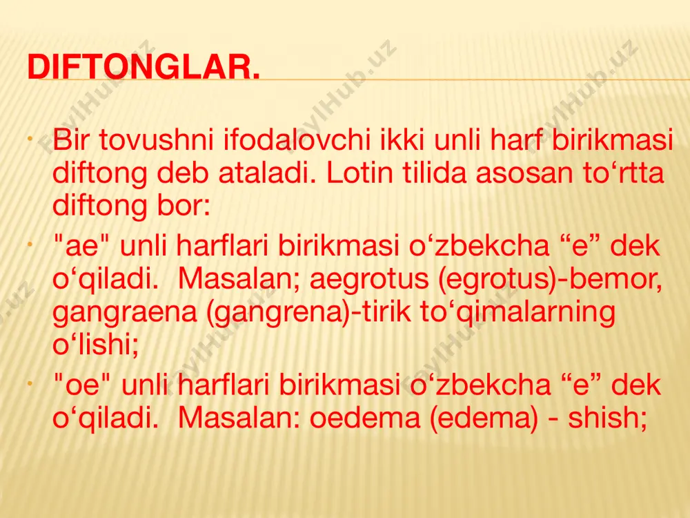 um] – kalla suyagi articulation [artikulatsion]– bivalens [bivalens]– ikki lac [lyak] – sut c– harfi e, i, y unlilar oldida va ae, oe diftonglari oldida kelsa «ts» kabi o‘qiladi : • processus [protsessus ] – o‘simta • civitas [tsivitas ] –shahar, davlat • cyclus [tsiklyus] – sikl • plicae [plitse ] –burmalar • coeruleus [tseruleus] – zangori, ko‘k dd – [de] ee – [e] ff [ef] dens [dens] – tish emplastrum [emplastrum]– malham femina [femina] – ayol dexter [dekster]– o‘ng expectorans [ekspektorans]- balg‘am femur [femur]– son suyagi diabetes [diabetes]– qand kasalligi eczema [ekzema]– eczema foramen [foramen] – teshik, yoriq digitus [digitus]– barmoq encephalon [ensefalon]– bosh miya fossa [fossa]– chuqur, chuqurlik diazolinum [diazolinum]-diazolin esophagus [ezofagus]– qizilo‘ngach fractura [fraktura]– sinish gg [ge] hh [ga] ii [i] gaster [gaster]– oshqozon, me`da hepar [ gepar ] – jigar icterus [ikterus]– sariq kasalligi genu [genu]– tizza humerus [ gumerus ] - yelka suyagi inter [inter]– …