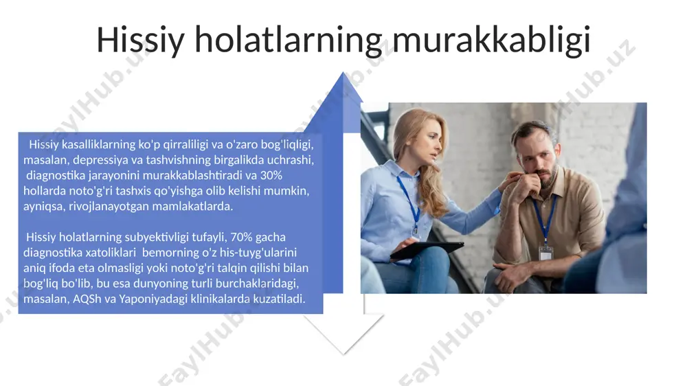 iradi; masalan, aqshda ishlab chiqilgan testlarni toʻgʻridan-toʻgʻri 50 yoshdan yuqori yoshdagi qozogʻiston aholisiga qoʻllash mumkin emas. fiziologik koʻrsatkichlar (yurak urishi, terlash) hissiy holatlarni aniqlashda yordam beradi, biroq 3 dan ortiq turdagi hissiyotlarni farqlashda ishonchlilik darajasi past, xususan, toshkentdagi klinik tadqiqotlarda koʻrsatilganidek. e'tiboringiz uchun rahmat @taqdimot_robot image4.jpg image5.jpg image6.jpg image7.jpg image8.jpg image9.jpg image10.jpg image11.jpg image12.jpg image13.jpg image14.jpg image15.jpg image1.jpeg image2.jpeg