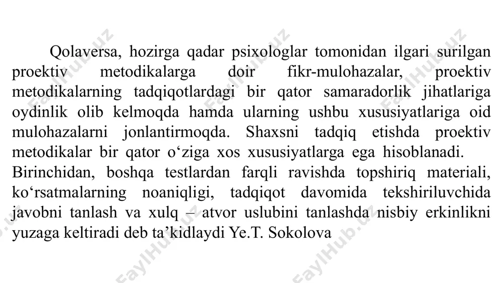 qiyindir. ushbu holatda biz himoya mexanizmlariga to‘qnash kelamiz, ya’ni bunda natijani qo‘lga kiritish juda murakkab tarzda amalga oshiriladi. bu ko‘rinishdagi qiyinchilikning paydo bo‘lishi proektiv metodikalarning stimul materiallaridagi noaniq xususiyatlari bilan bog‘liqdir. proektiv metodikalar va shaxs so‘rovnomalarini bir maqsadda qo‘llash samarali tashxis qo‘yish vositalari ekanligini ta’kidlash mumkin. bu holat tashxisni ikkita yo‘nalish bo‘yicha amalga oshirish imkonini beradi: birinchisi – sinaluvchi tomonidan tan olingan va o‘z-o‘ziga hisobot berishda mavjud bo‘lgan motivlarni, shaxs xususiyatlarini, shaxsni tashkil qiluvchi boshqa o‘zaro munosabatlarni aniqlash; ikkinchisi – ongsiz holatga tashxis qo‘yish, sinaluvchi tomonidan tan olinmagan va tushirib qoldirilgan omillarni baholash, o‘z-o‘ziga hisobot berishda aniqlanmaydigan holatlarni aniqlash. shaxsni diagnostika qilish jarayonining bu ko‘rinishda ajratilishi proektiv metodikalar va shaxs so‘rovnomalari yordamida olingan natijalar o‘zaro mos kelishi kerakligini anglatmaydi, aksincha ularning o‘zaro farqlanishlari ehtimolligi yuqori darajada bo‘lishi, ya’ni shaxsning turli xil darajada bo‘lishini ifodalab beradi. shuningdek, proektiv metodikalar bilan ishlashda, psixologning kasbiy mahorati va masalani standartlashtirishdagi yuqori talablar murakkab holatlar …