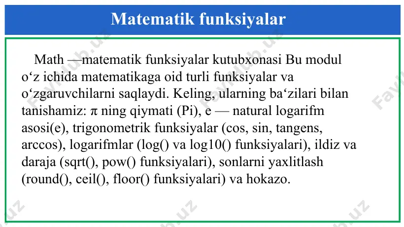 python dasturlash tilida matematik funksiyalar - Page 5