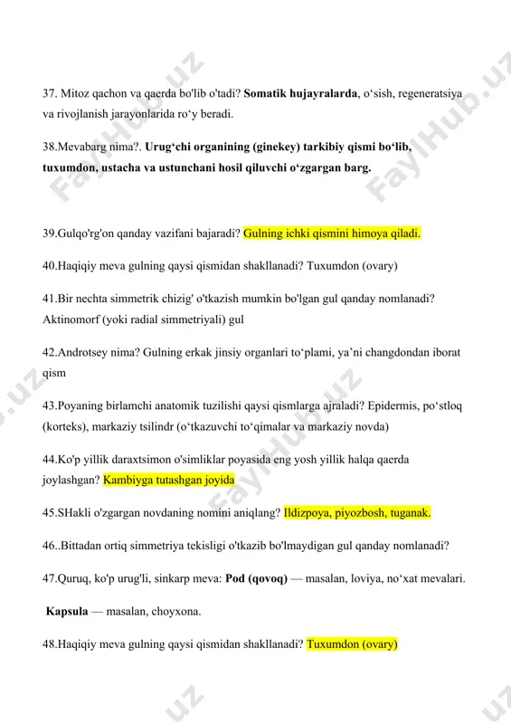 5.kokkoid strukturali suvo'tlarini toping. xlorokokka. 56.xlamidomonadaning vegitativ xujayrasidagi xivchinlar soni nechta? ikki dona xivchin. 57.qizil suvo'tlarining jinssiz ko'payishida nimalar hosil bo'ladi? monosporalar. 58.diatom suvo'tlarining qalqon pallalarini nomi. epitek (yuqori), gipotek (quyi). 59.ko'k-yashil suvo'tlarining rang beruvchi asosiy pigmentlari. fikosiyanin, fikobilin. 60.zaxira oziqa modda sifatida yashil suvo'tlarida nima to'planadi. kraxmal. 61.zamburug'larning jinsiz ko'payish xosilalari. zoospora, spora, konidiya 62. xaltachali zamburug'larda hosil bo'luvchi meva tanalar. *peritetsiy, apotetsiy, kleystotetsiy 63.bug'doyda chiziqli zang zamburug'ining qanday spora tiplari hosil bo'ladi? *uredo, teleyto 64.takomillashmagan zamburug'larning ko'payishi. *jinssiz, vegitativ 65.tallomining anatomik tuzilishi bo'yicha qanday lishayniklar mavjud. *gomiomer, geteromer 66. lishayniklar tallomining tarkibiy qismlari. *zamburug‘lar, suvo‘tlari 67. lishayniklar tallomidagi zamburug'larning sistematik guruhi. askomitsetlar, bazidiomitsetlar 68. tallomining tashqi tuzilishiga ko'ra lishayniklarning guruhlari. jinssiz, vegitativ 69. xlamidomonada xromatoforining tuzilishi kosachasimon 70. nostok tuzilishi jihatidan qanday suvo‘ti? ipsimon kolnial 71. ko‘k-yashil suvo‘tlarining xrookoklar sinfiga mansub vakillar. mikrotsistis, gleokapsa 72. qizil suvo‘tlariga qizillik beruvchi pigment fikoeritrin 73 .geterotsista xujayralari qaysi suvo'tlarida hosil bo'ladi? …