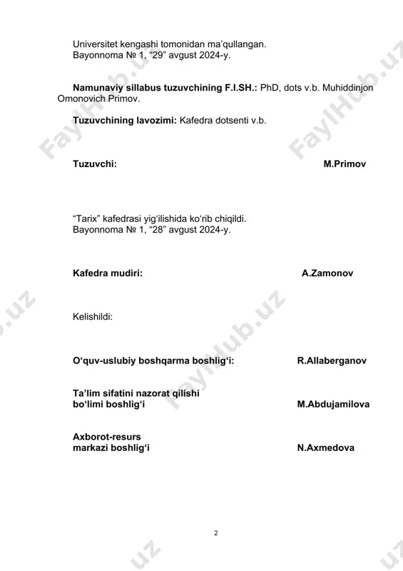 iyatlarni tahlil etish qobiliyatini shakllantirish; - bo‘lajak tarixchining tor milliy doiradan tashqariga chiqadigan keng ko‘lamli tasavvurini shakllantirish; - fanning asosiy yo‘nalishlarini tahlil va tadqiq etish malakasini hosil qilish; - davlat va jamiyat taraqqiyotining rivojlanish omillarini tahlil qilishda shaxsiyatlar tarixi fanining o‘rnini tushuntirishdan iborat. bilim, ko‘nikma, malaka va kompetensiyaga qo‘yiladigan talablar: talabalar tarix eng muhim voqea va jarayonlarni biladi, tarixda ro‘y bergan ijtimoiy-iqtisodiy, siyosiy, madaniy rivojlanishining qonuniyatlari va xususiyatlarini tushunadi va jahondagi tarixiy jarayonlar kontekstida shaxsiyatlar tarixi rivojlanishining tarixiy asoslari va shakllanish davrlarini bilib olishadi; talabalar tarixdagi murakkab jarayonlar va hodisalarni o‘rganishda analitik va aksiologik tahlil qilish ko‘nikmalariga ega bo‘lishadi; talabalar tarixiy faktlarni turli ilmiy maktablar talqiniga xolisona yondashish va o‘zbekiston tarixi bilan bog‘liq hodisa va jarayonlarni xolis baho berish qobiliyatiga ega bo‘lishadi hamda tanlagan mutaxassisligidan qat’i nazar, olingan bilimlarni amaliy faoliyatida qo‘llay olishadi; talabalar o‘tmishdagi va hozirgi davrdagi turli shaxslar, ijtimoiy jarayonlar, hodisalar, voqealar haqida o‘z mulohazalarini shakllantirishadi va tarixiy …